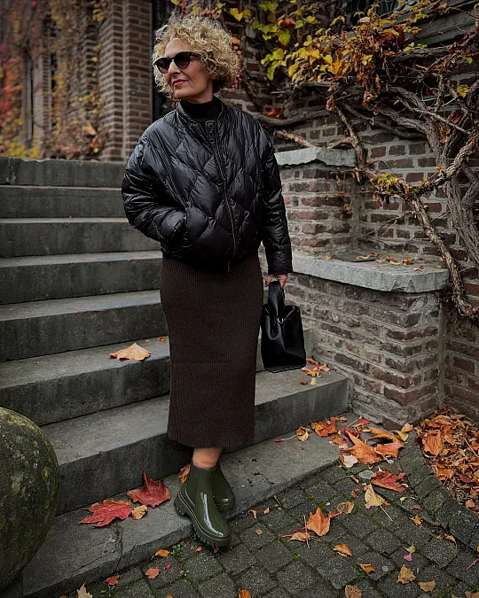 Black Puffer and Chocolate Knit Skirt