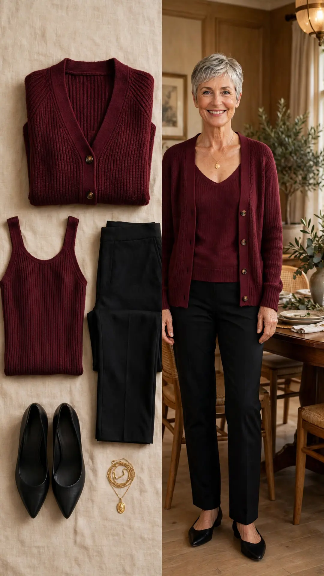 Split outfit idea: burgundy knit cardigan and shell twinset flat lay and a mature woman wearing them with black trousers and pointed flats
