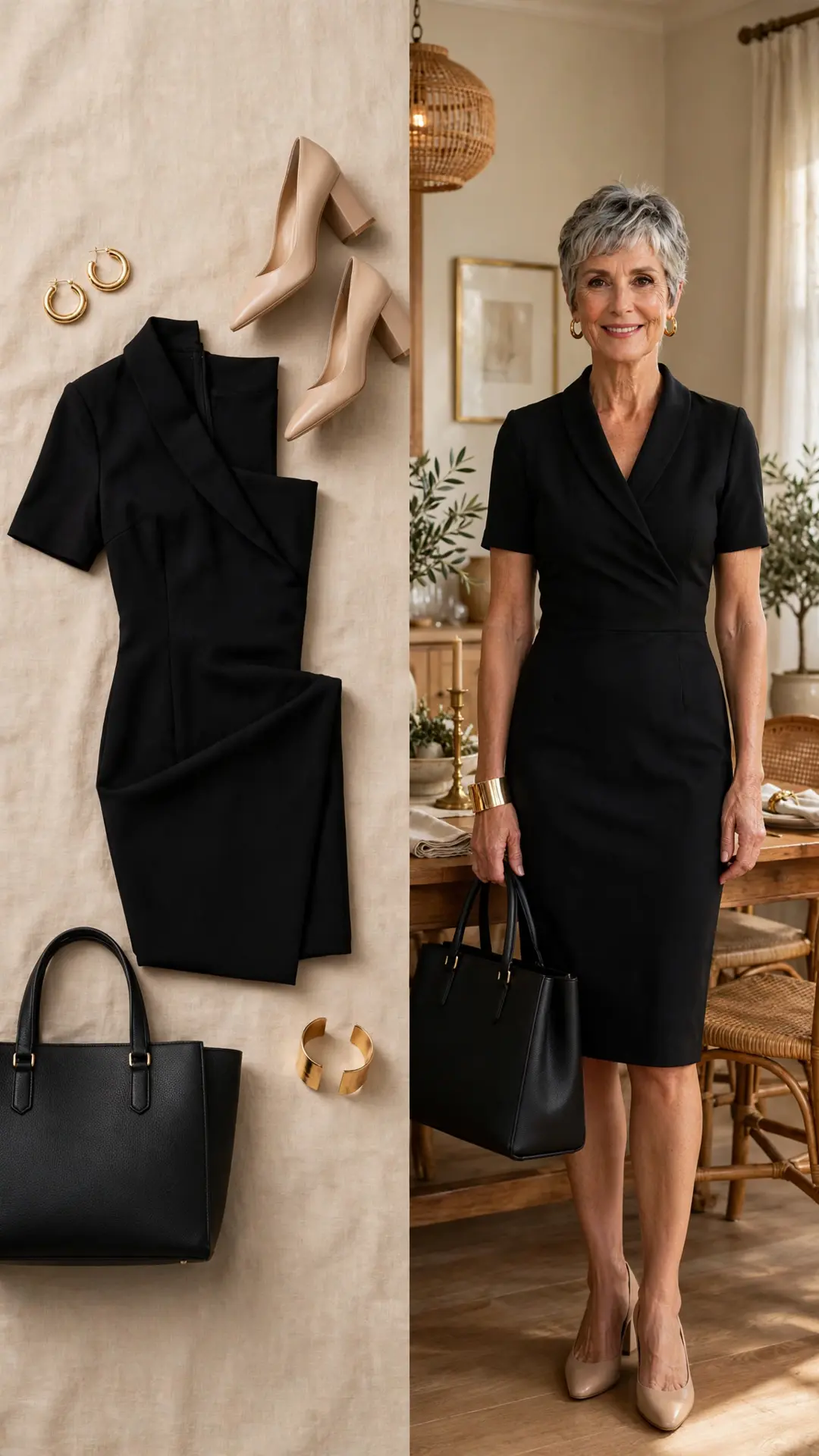 Split outfit idea: black ponte sheath dress flat lay and a mature woman wearing it with nude heels and gold jewelry