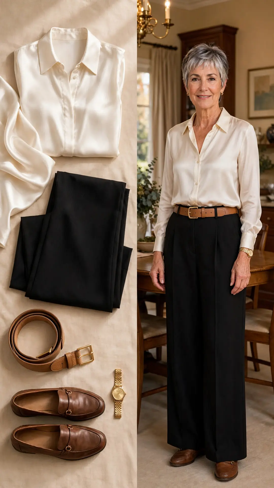 Split outfit idea: ivory satin-finish blouse and black wide-leg trousers flat lay and a mature woman wearing them with a tan belt and loafers