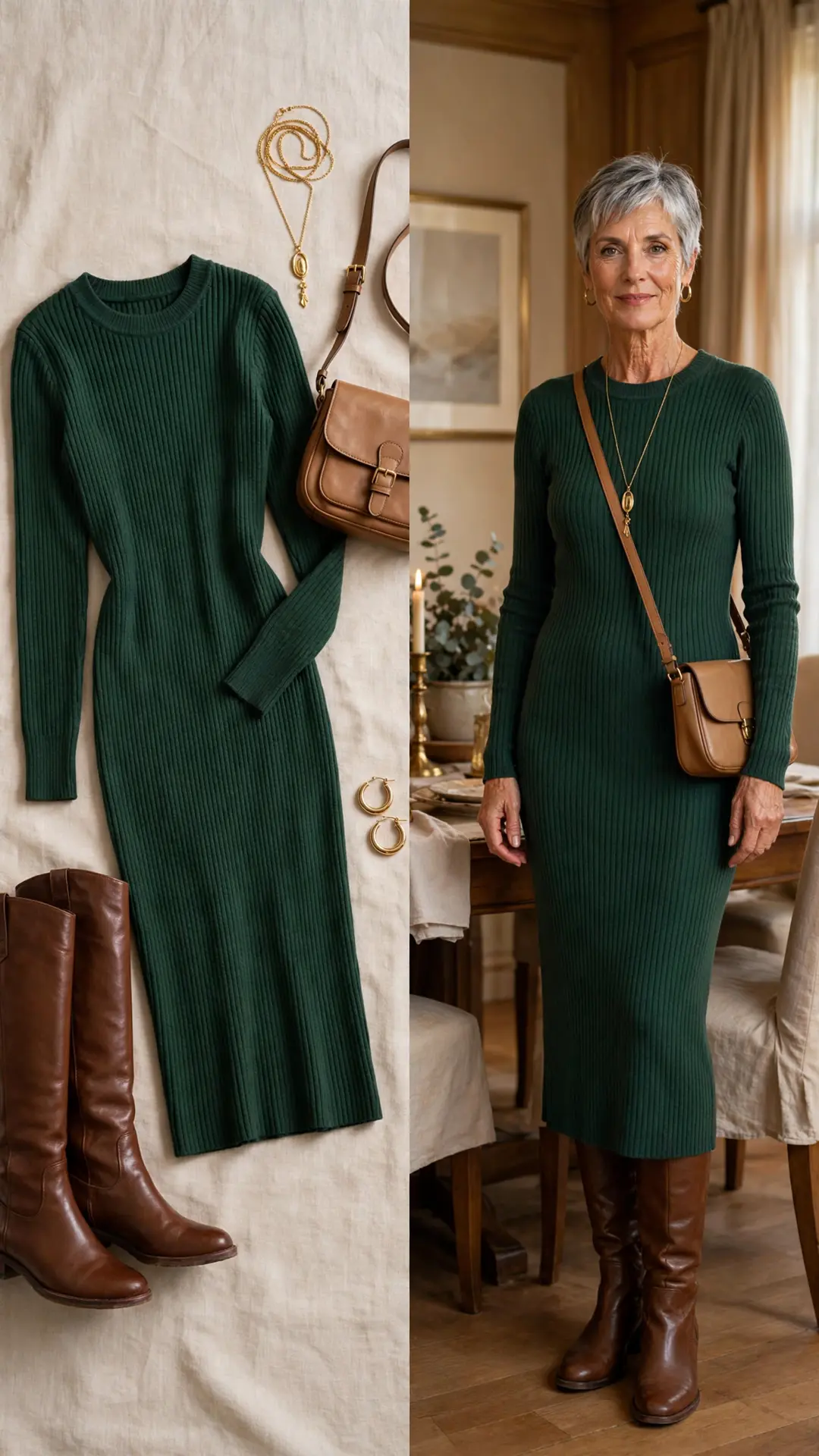 Split outfit idea: forest green ribbed knit midi sweater dress flat lay and a mature woman wearing it with brown knee-high boots