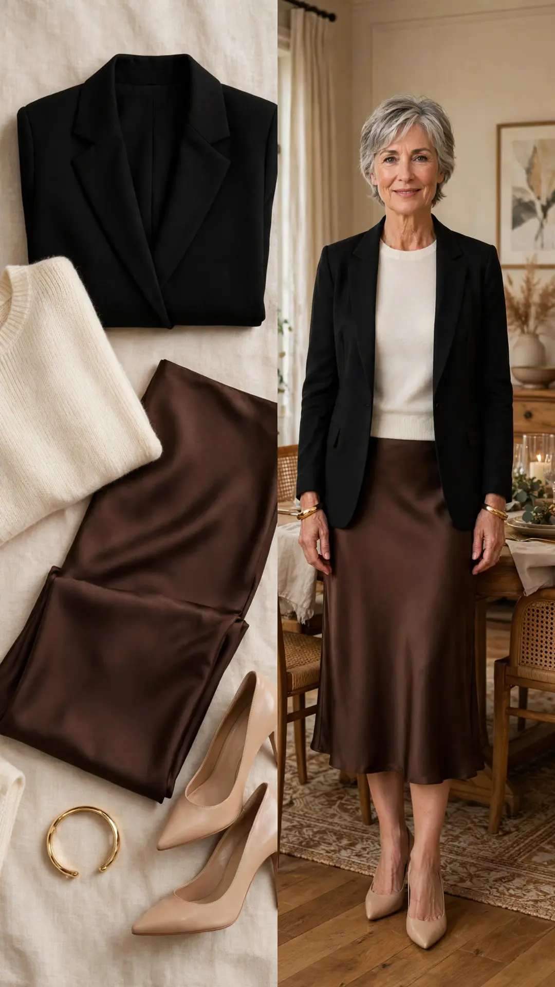 Split outfit idea: chocolate satin midi slip skirt and ivory knit sweater flat lay and a mature woman wearing them with a black blazer and nude pumps
