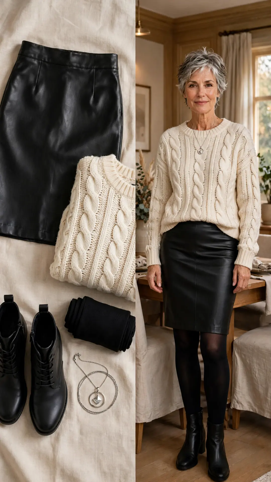 Split outfit idea: black faux-leather pencil skirt and cream chunky cable-knit sweater flat lay and a mature woman wearing them with tights and ankle boots