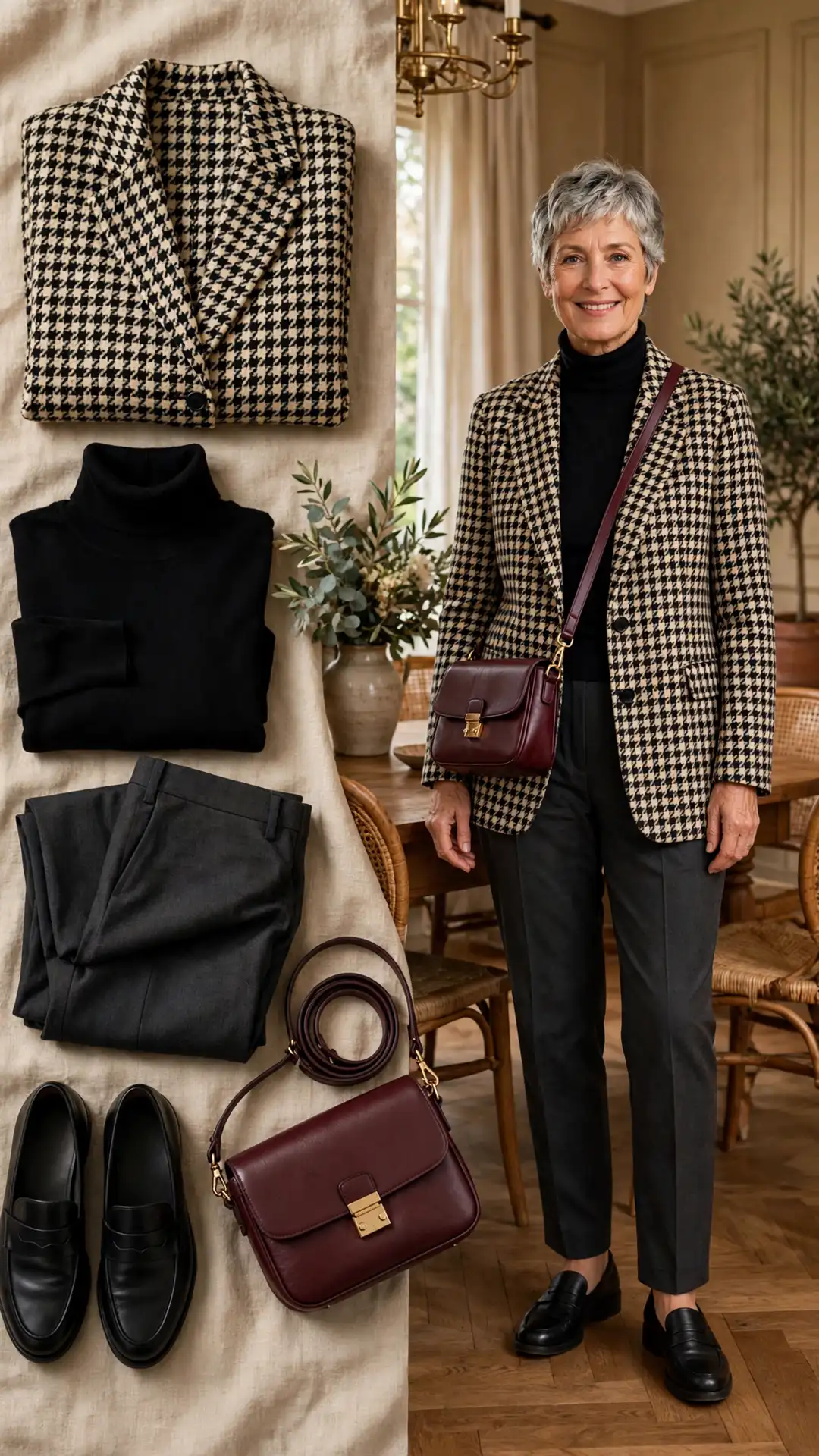 Split outfit idea: black-and-cream houndstooth blazer and black turtleneck flat lay and a mature woman wearing them with charcoal trousers and loafers