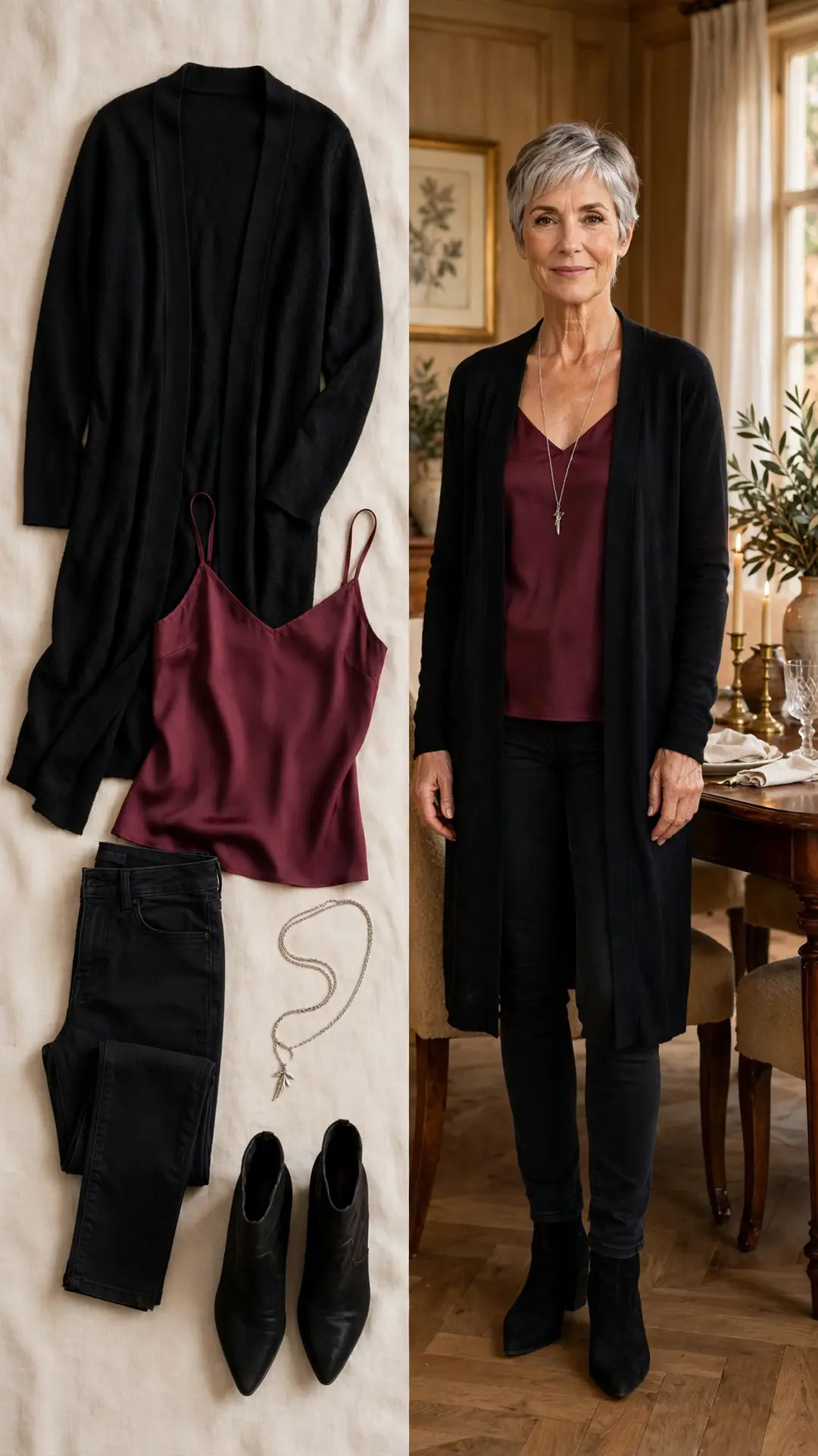 Split outfit idea: long black open-front duster cardigan and burgundy camisole flat lay and a mature woman wearing them with black jeans and booties