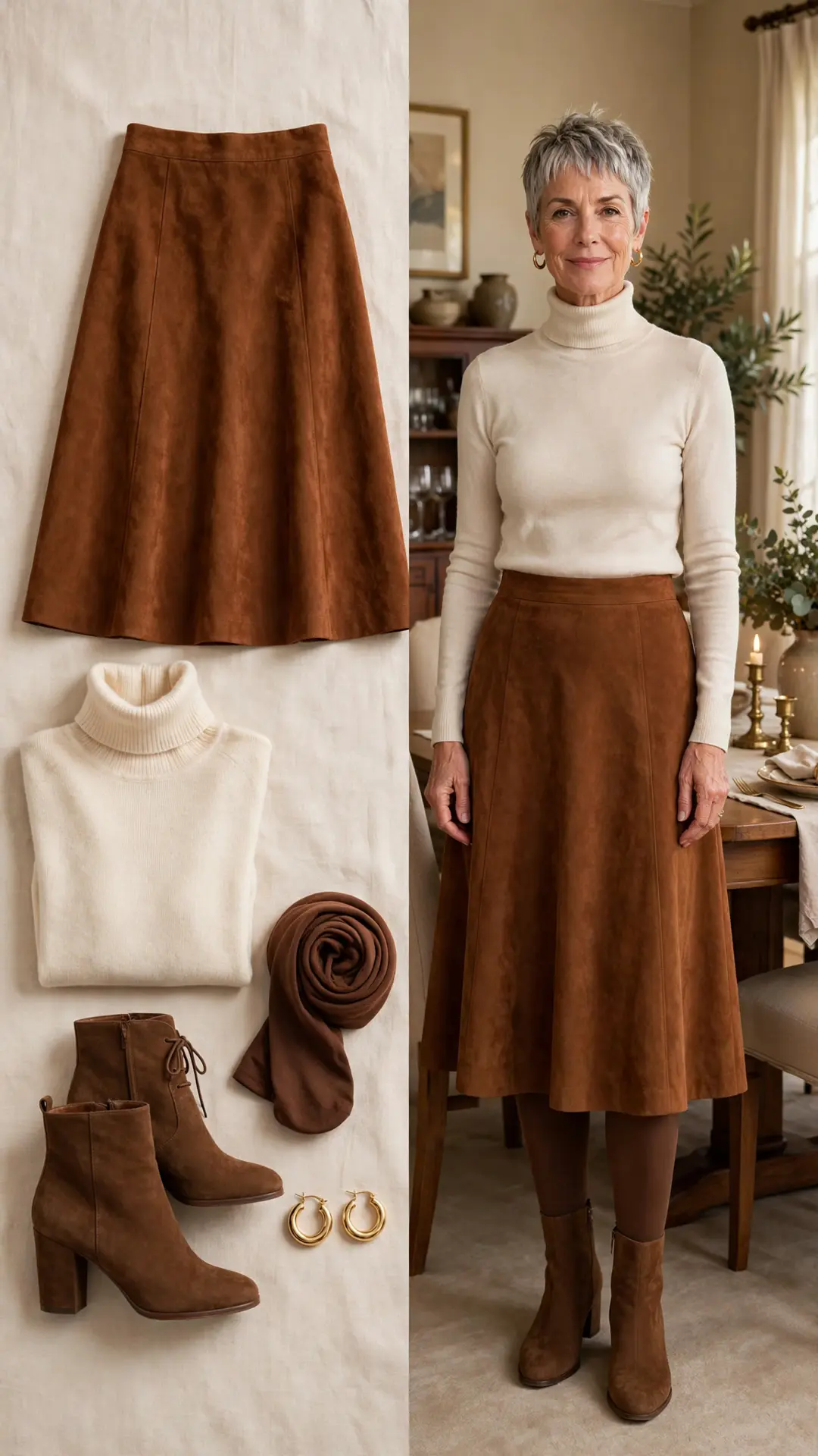 Split outfit idea: cognac faux-suede A-line midi skirt and cream fitted turtleneck flat lay and a mature woman wearing it with brown tights and boots