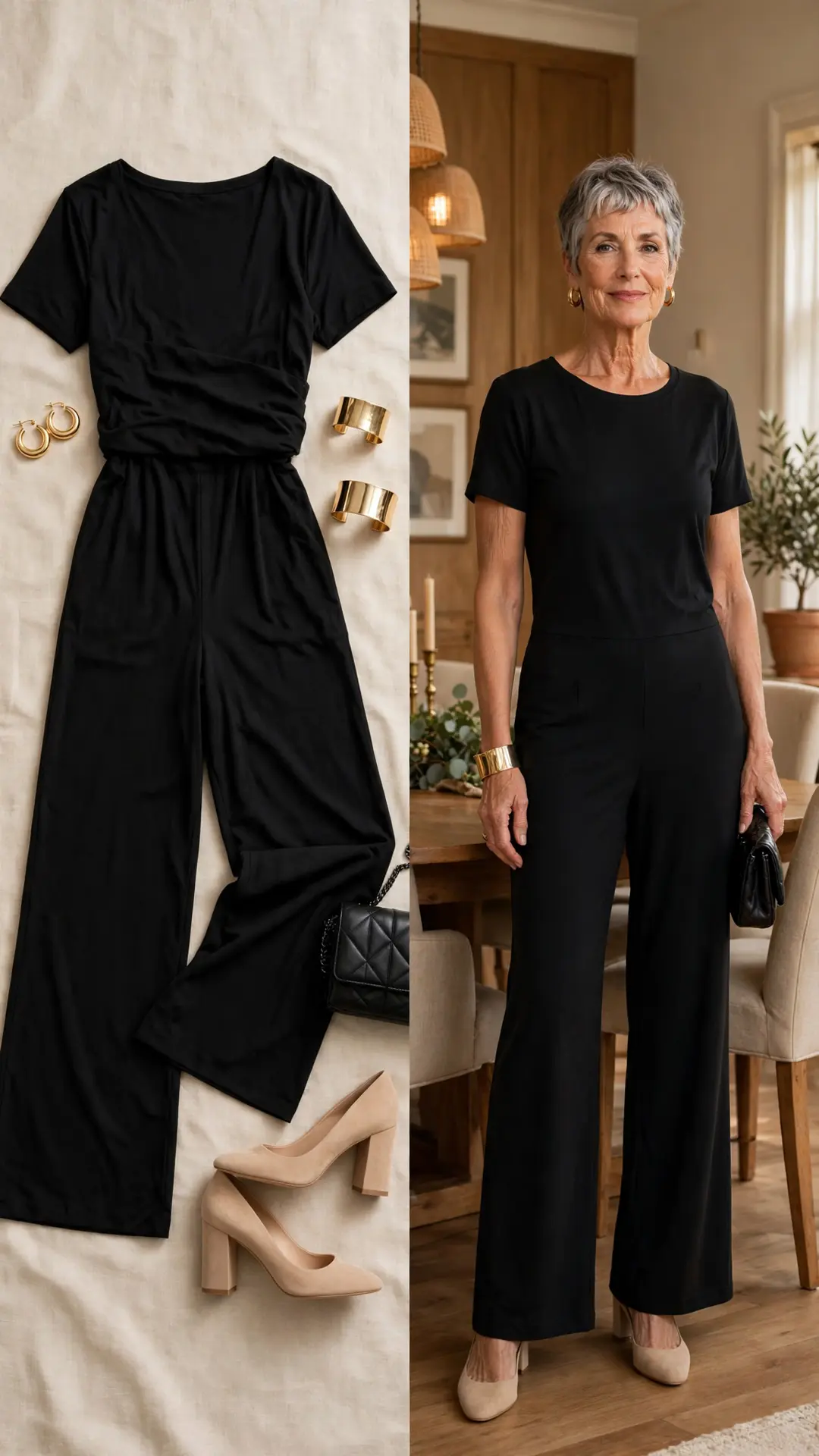 Split outfit idea: black wide-leg jersey jumpsuit flat lay and a mature woman wearing it with nude heels and gold jewelry