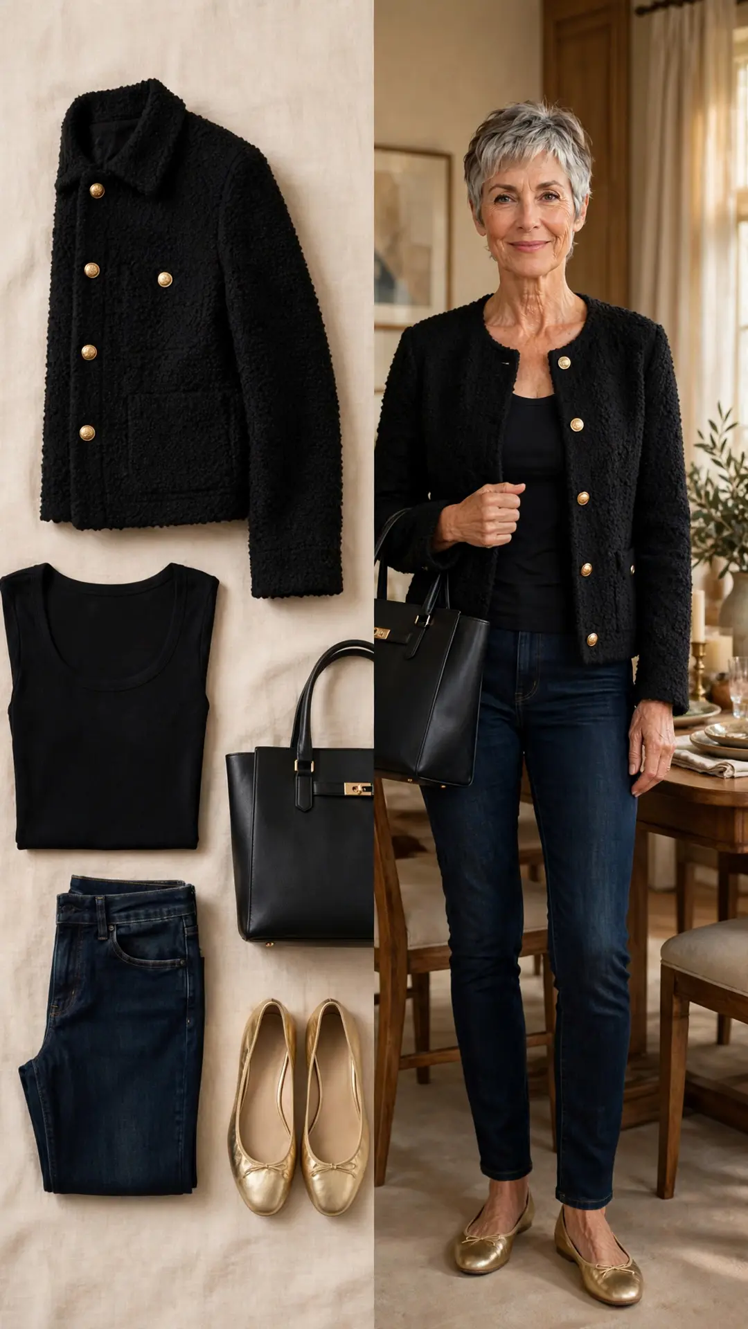 Split outfit idea: black boucle jacket with gold buttons flat lay and a mature woman wearing it with dark jeans and gold flats