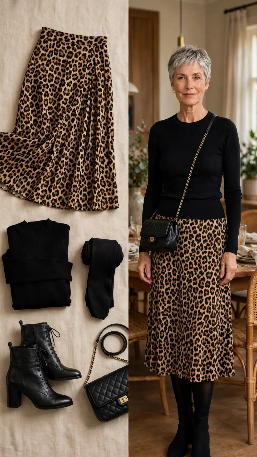 Split outfit idea: leopard print midi skirt and black fitted sweater flat lay and a mature woman wearing them with tights and ankle boots