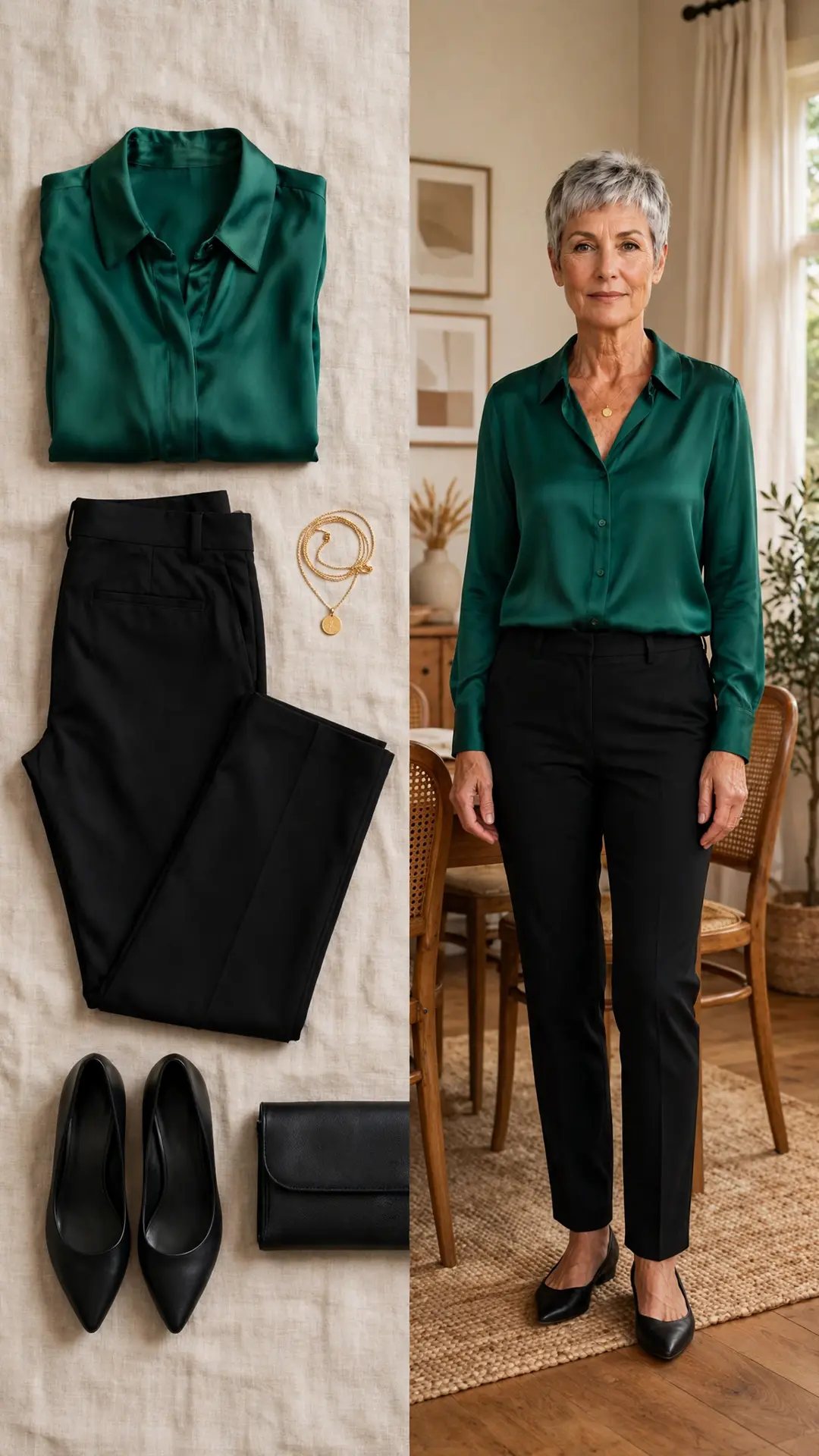 Split outfit idea: emerald green faux-silk blouse and black straight-leg trousers flat lay and a mature woman wearing them with pointed flats and a clutch