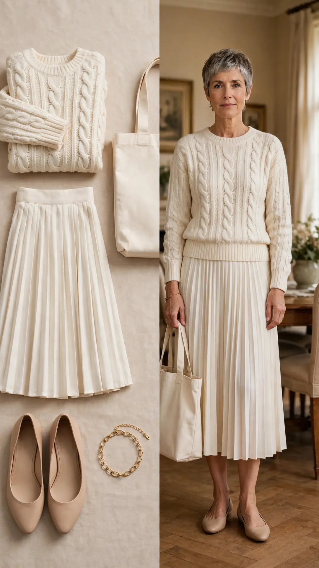 Split outfit idea: ivory cable-knit sweater and ivory pleated midi skirt flat lay and a mature woman wearing them with nude flats and a cream tote
