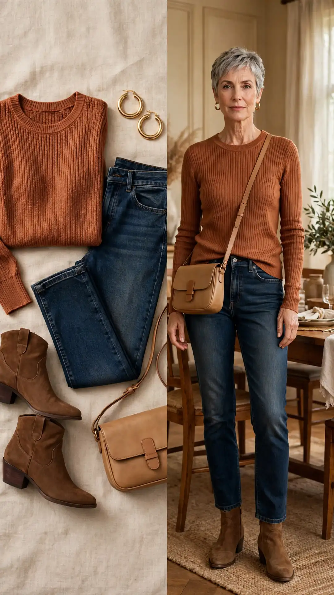Split outfit idea: copper-rust fitted knit top and dark wash jeans flat lay and a mature woman wearing them with brown booties and a crossbody