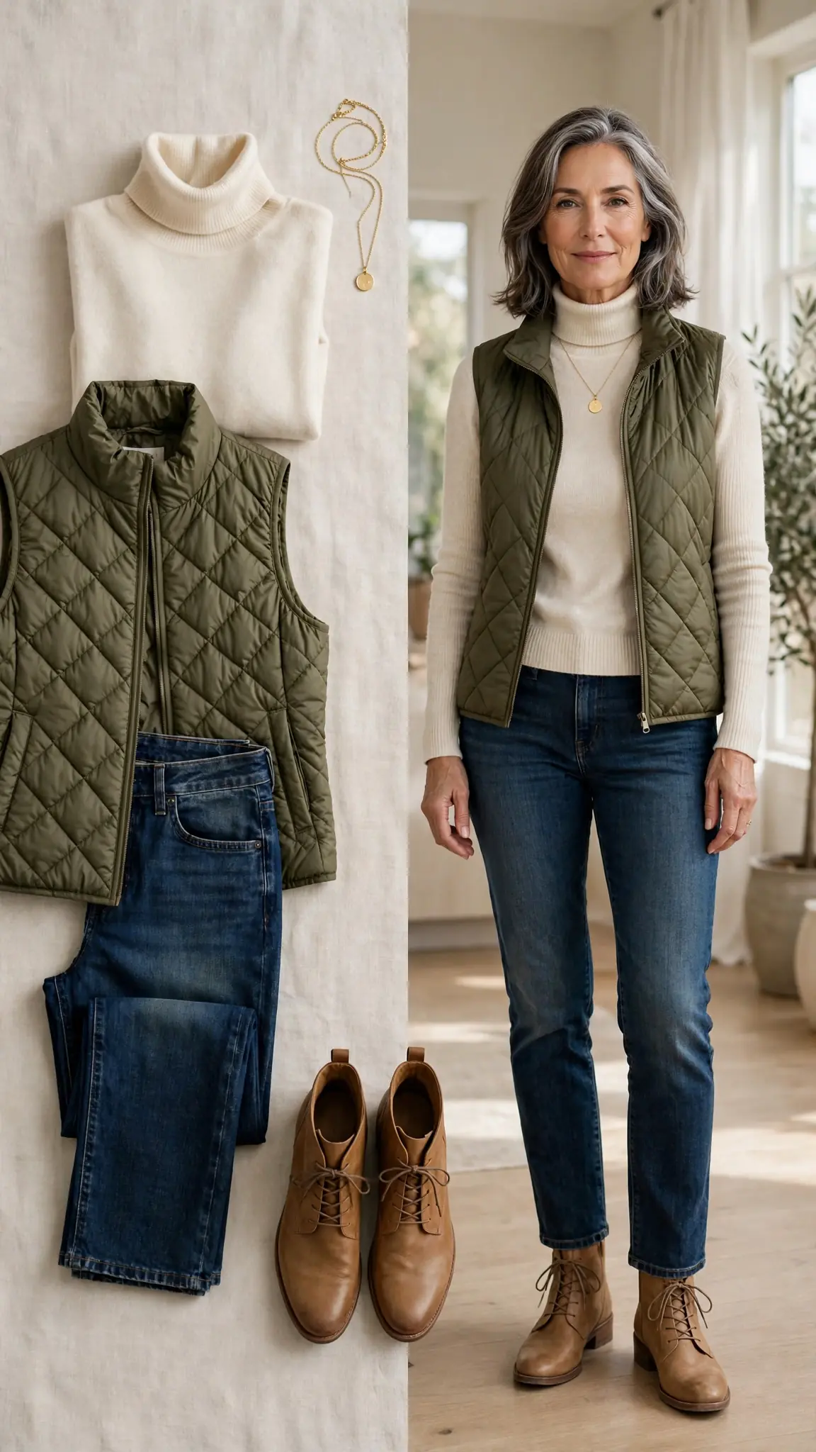 Split outfit idea: cream turtleneck and olive quilted vest flat lay and a mature woman wearing them with dark jeans and tan ankle boots