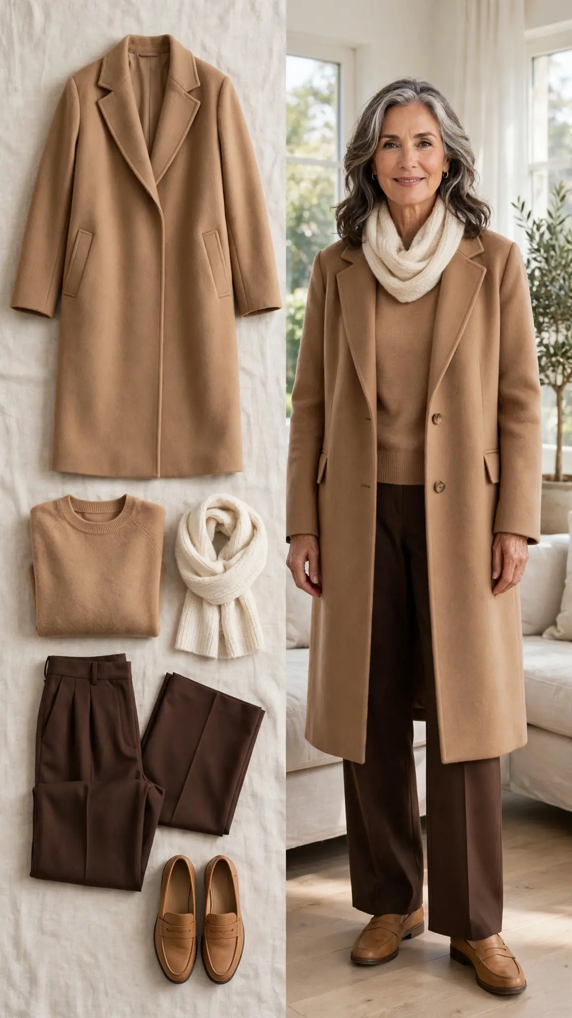 Split outfit idea: camel coat and camel sweater flat lay and a mature woman wearing them with brown wide-leg trousers and a cream scarf