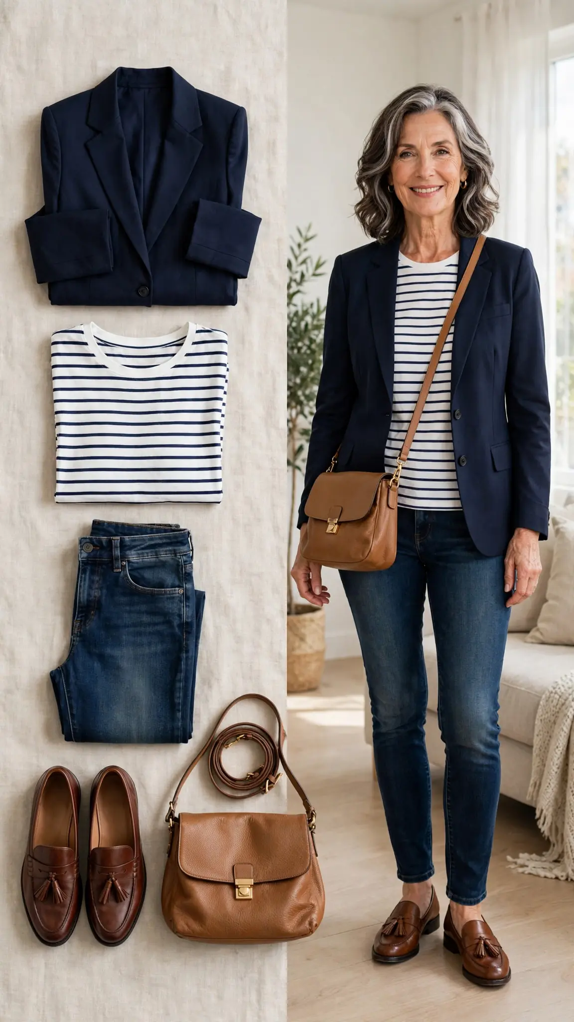Split outfit idea: navy blazer and striped tee flat lay and a mature woman wearing them with dark jeans and brown loafers
