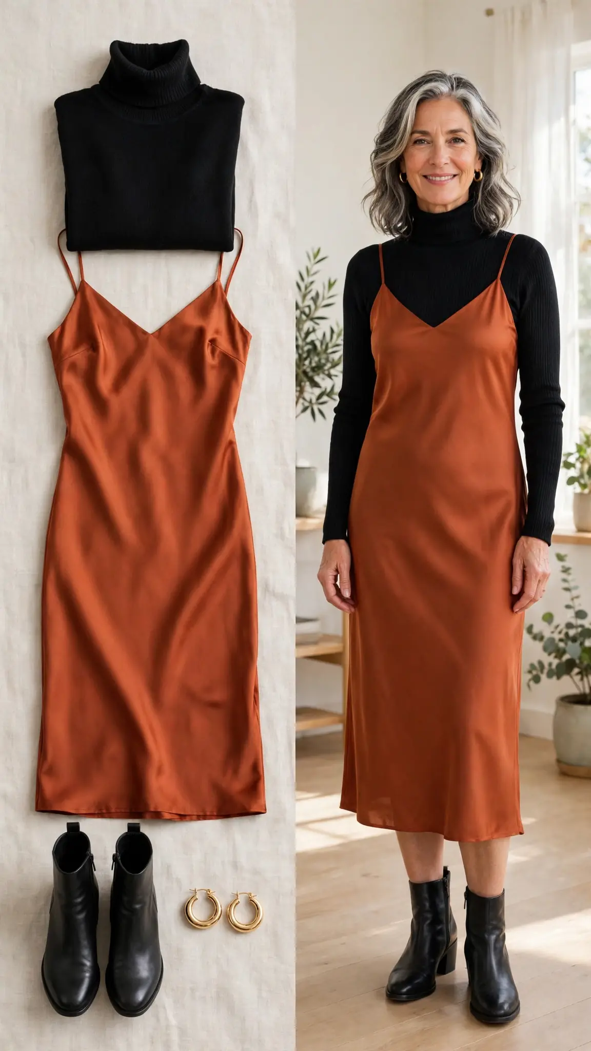 Split outfit idea: black turtleneck and rust satin slip dress flat lay and a mature woman wearing them with black ankle boots