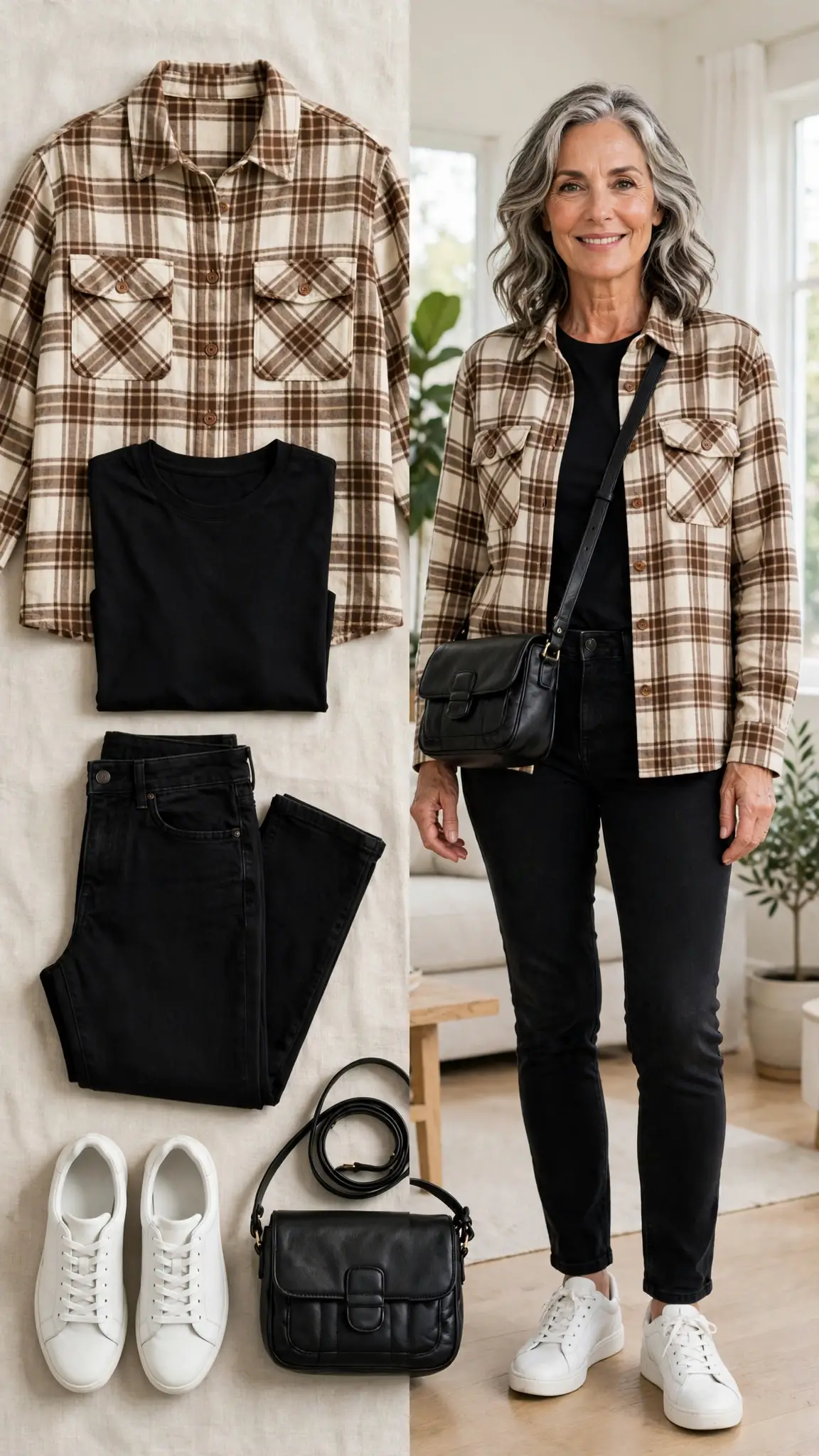 Split outfit idea: brown plaid shacket flat lay and a mature woman wearing it over a black tee and black jeans with white sneakers