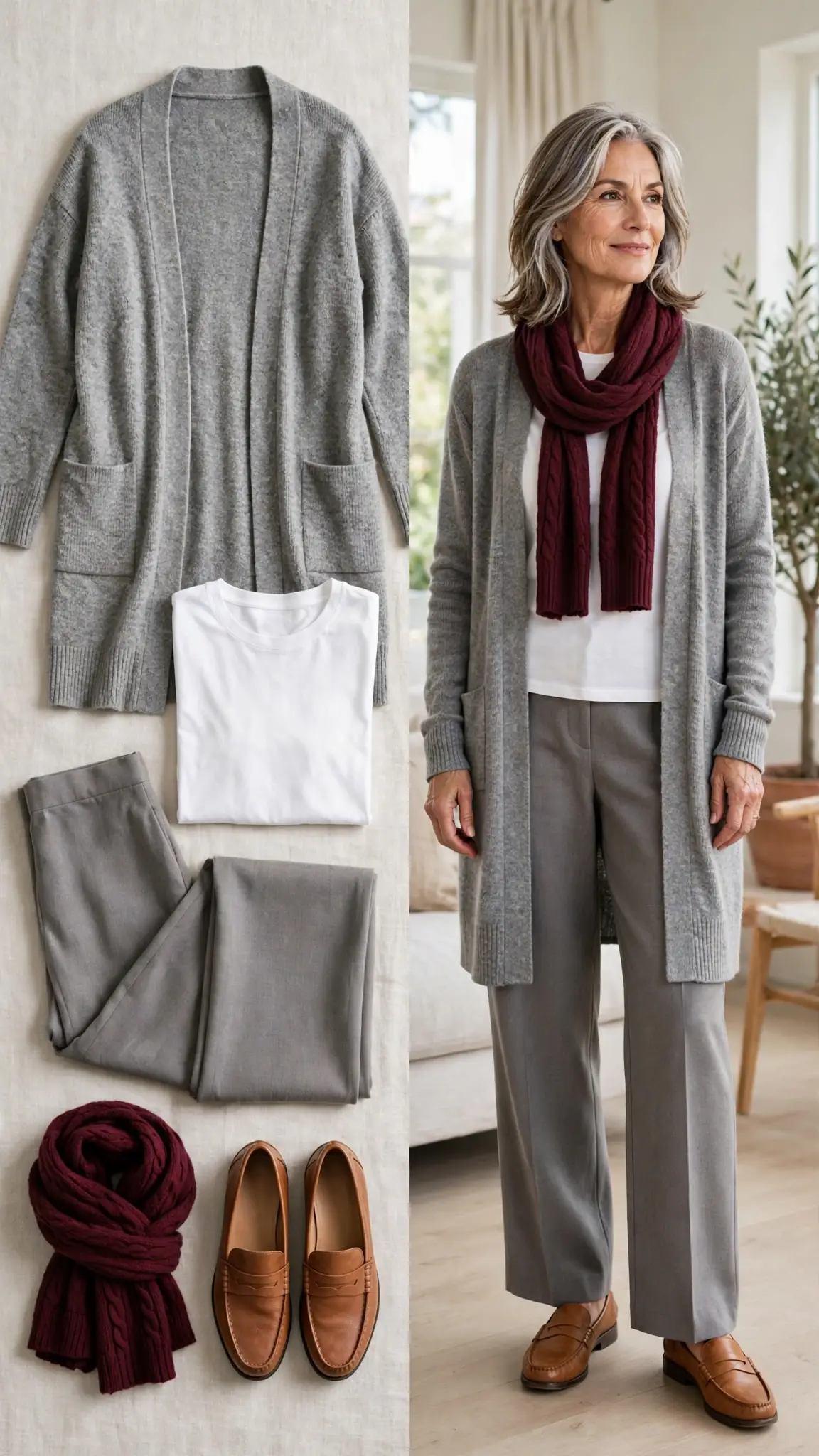 Split outfit idea: grey cardigan and white tee flat lay and a mature woman wearing them with grey wide-leg trousers and a burgundy scarf