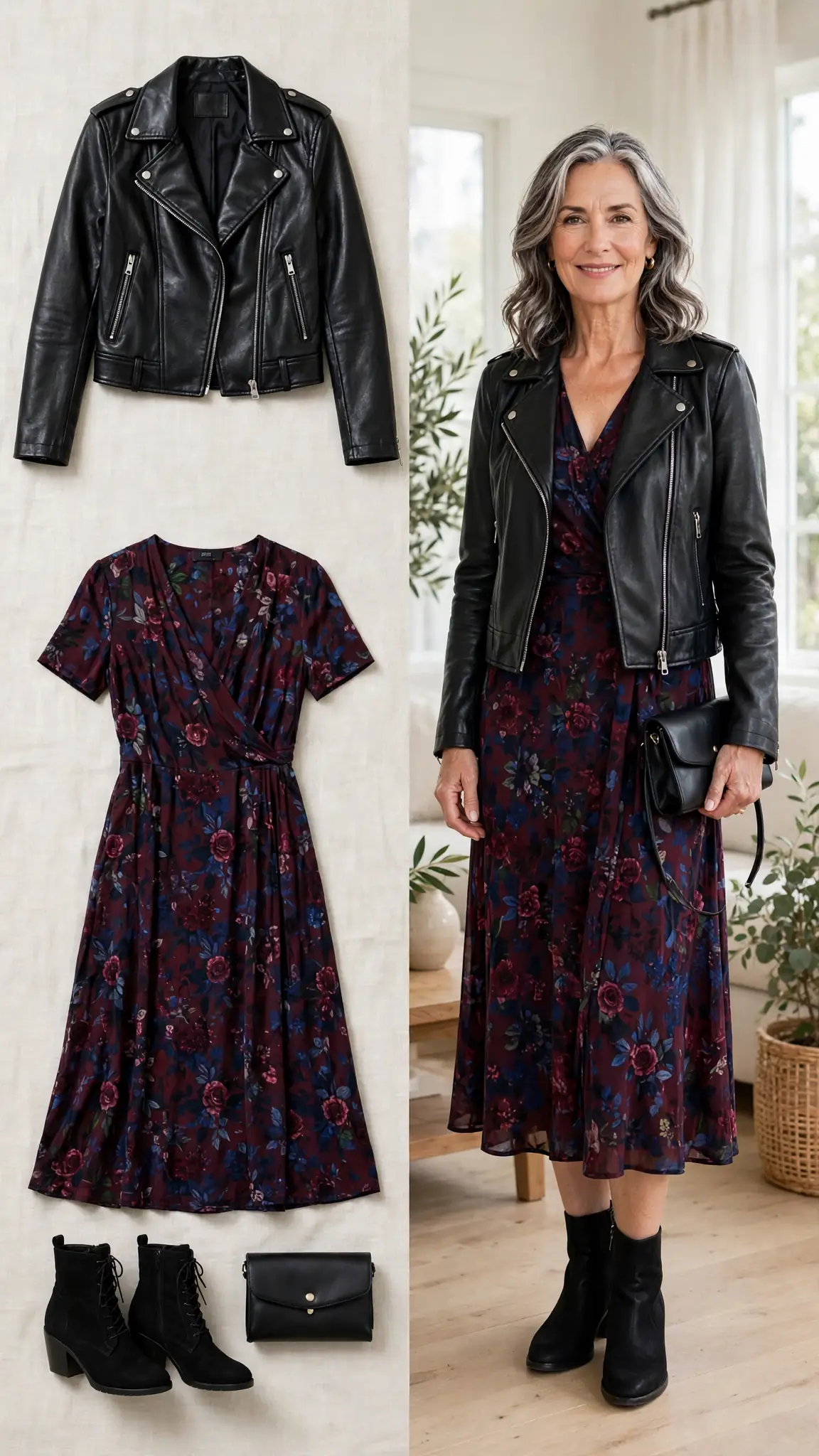 Split outfit idea: black leather jacket and floral midi dress flat lay and a mature woman wearing them with black ankle boots