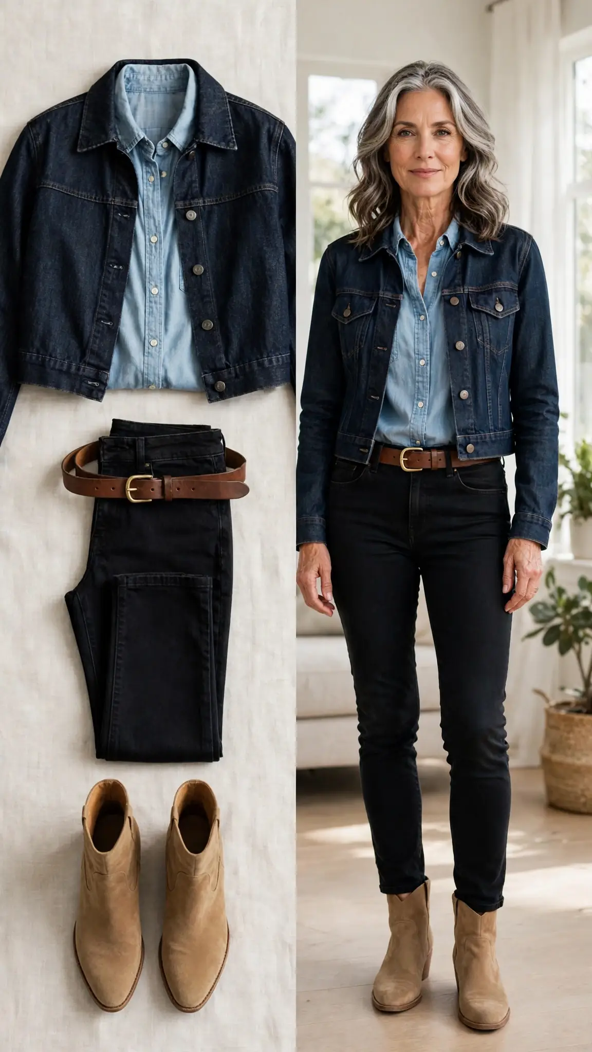Split outfit idea: chambray shirt and dark denim jacket flat lay and a mature woman wearing them with black jeans and tan boots