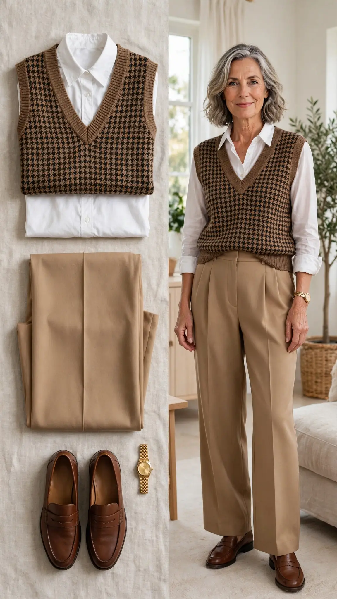 Split outfit idea: houndstooth sweater vest and white shirt flat lay and a mature woman wearing them with camel trousers and brown loafers