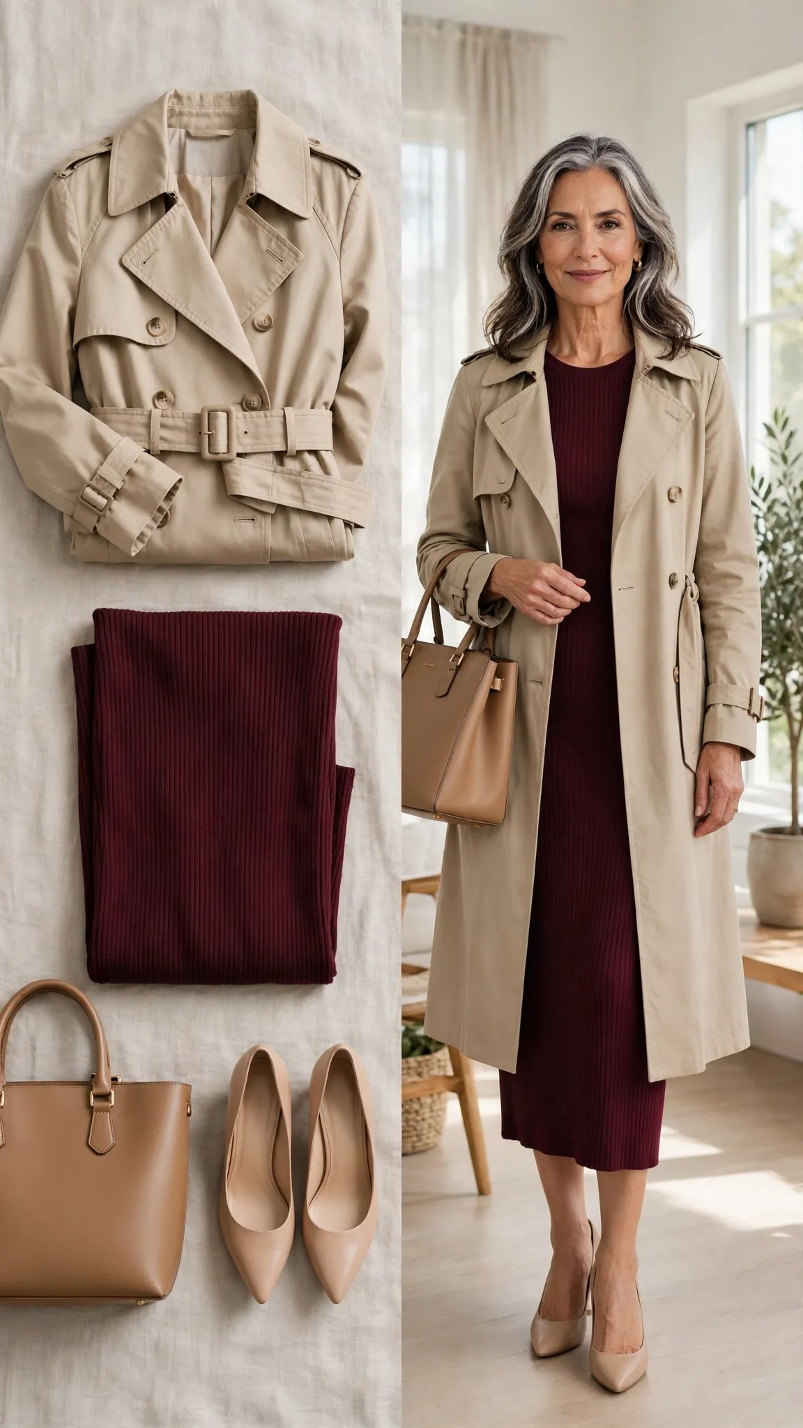 Split outfit idea: beige trench coat and burgundy knit dress flat lay and a mature woman wearing them with nude pumps