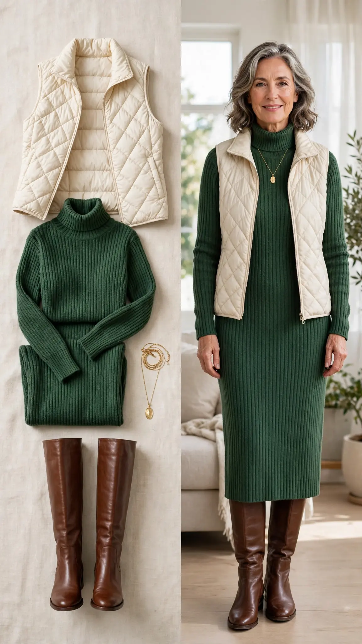 Split outfit idea: cream quilted vest and forest-green sweater dress flat lay and a mature woman wearing them with brown knee-high boots