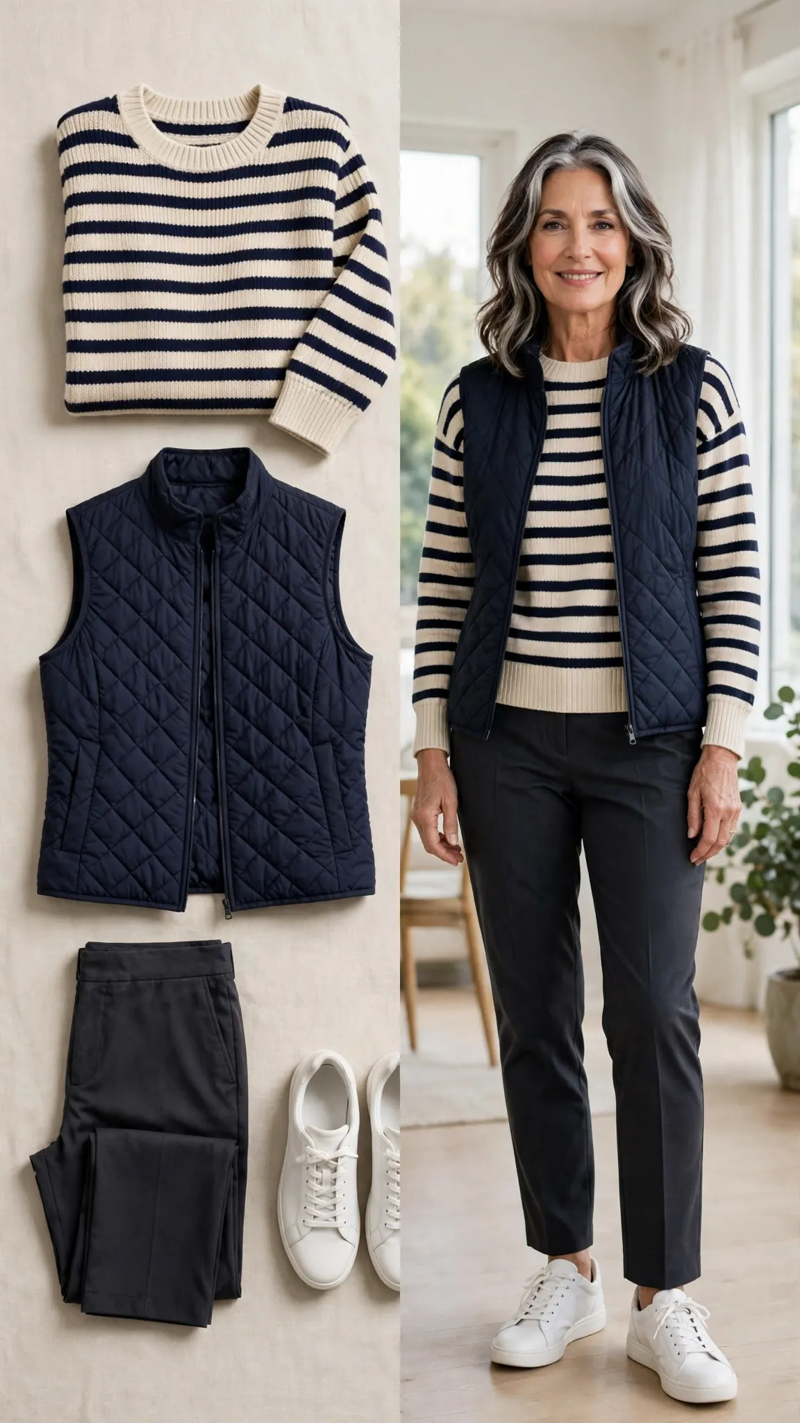 Split outfit idea: striped sweater and navy quilted vest flat lay and a mature woman wearing them with charcoal trousers and white sneakers
