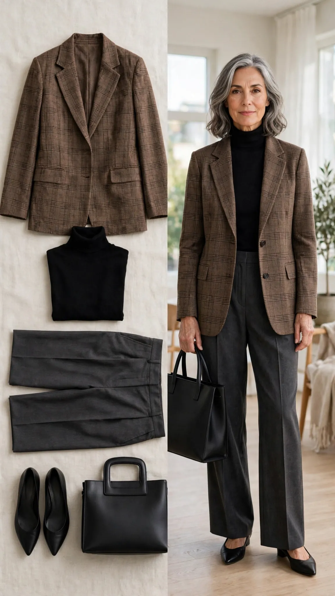 Split outfit idea: brown plaid blazer and black turtleneck flat lay and a mature woman wearing them with charcoal wide-leg trousers
