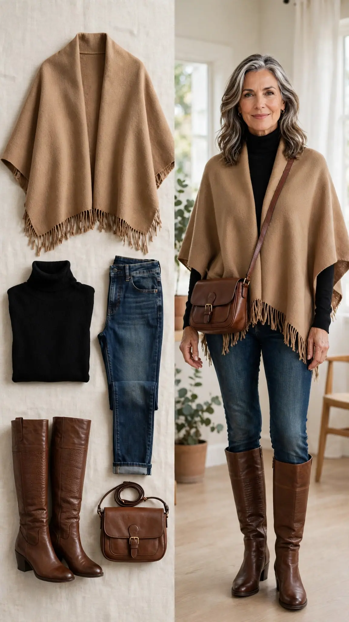 Split outfit idea: camel poncho and black turtleneck flat lay and a mature woman wearing them with dark jeans and brown knee-high boots