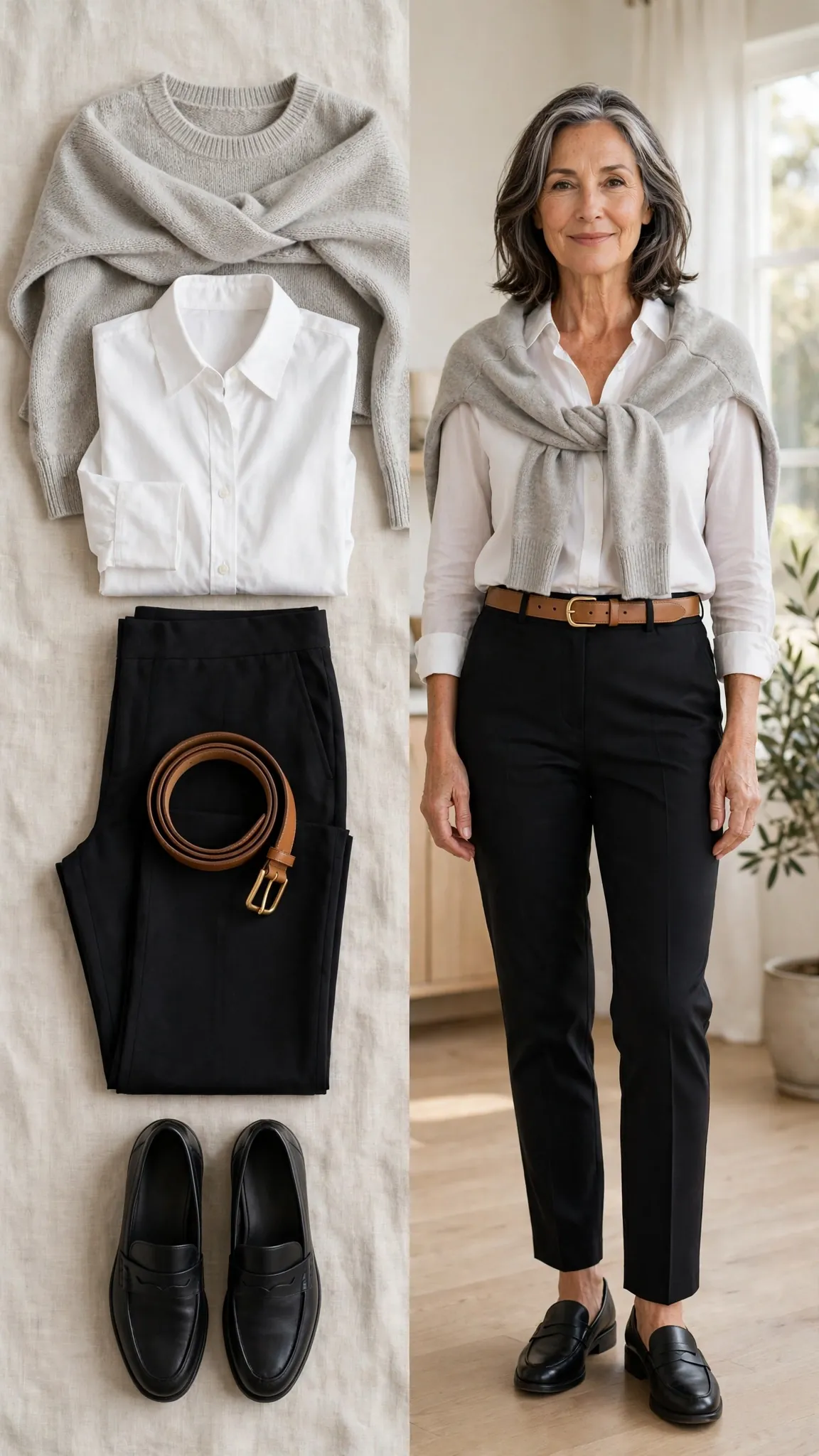 Split outfit idea: grey sweater draped over a white shirt flat lay and a mature woman wearing the layered look with black trousers and loafers
