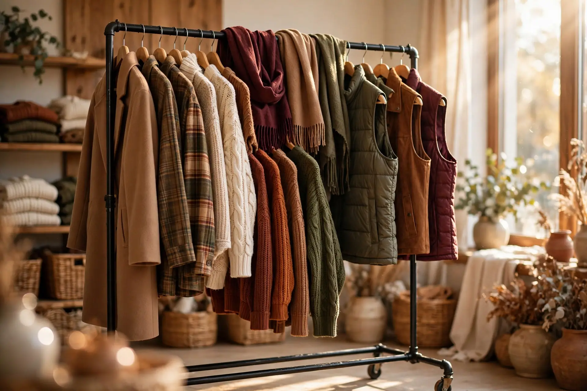Sunlit clothing rack with a curated fall layering wardrobe in warm autumn tones