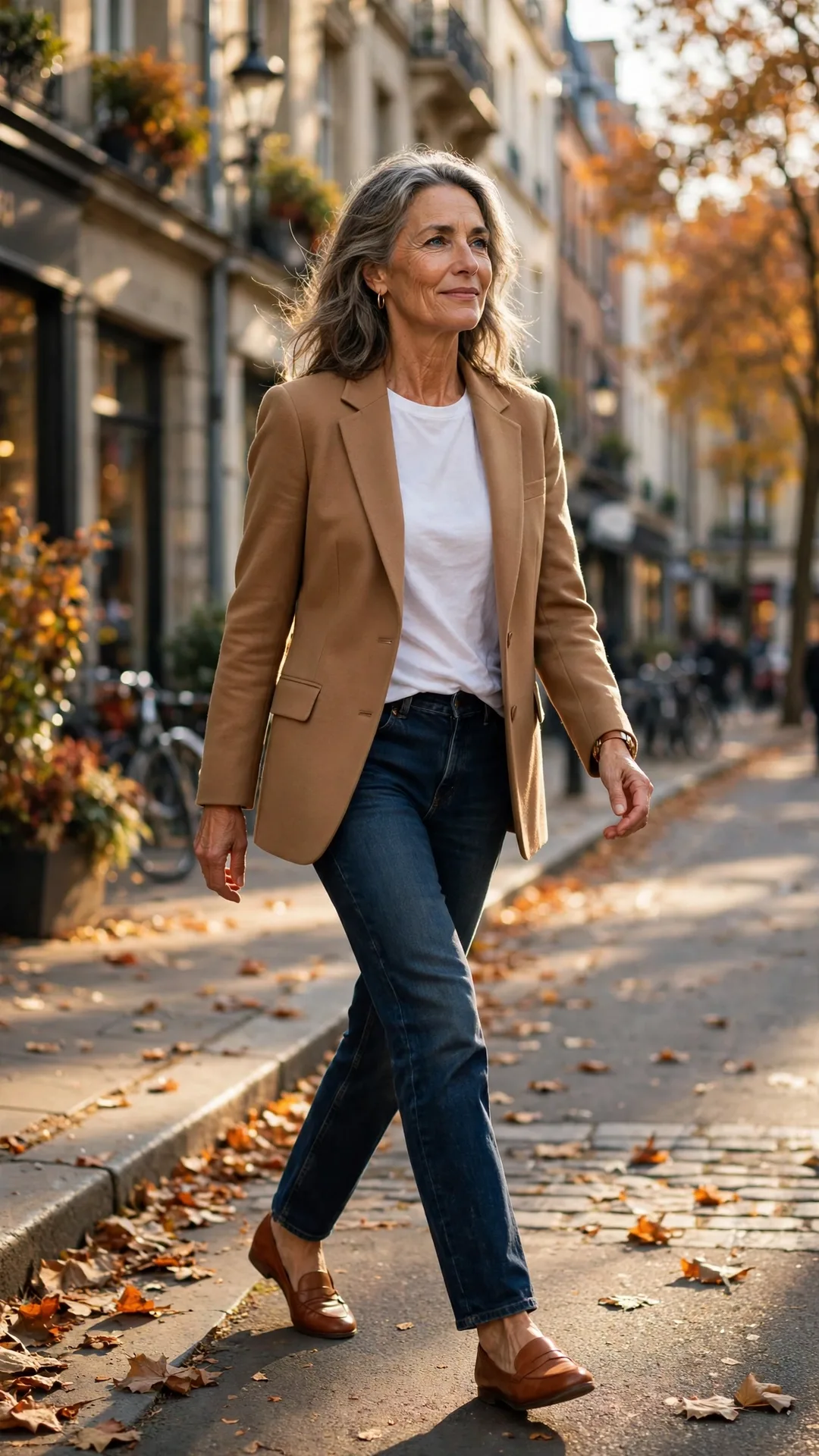 A stylish mature woman walking down a sunlit street in dark-wash jeans, camel blazer, white tee and cognac flats