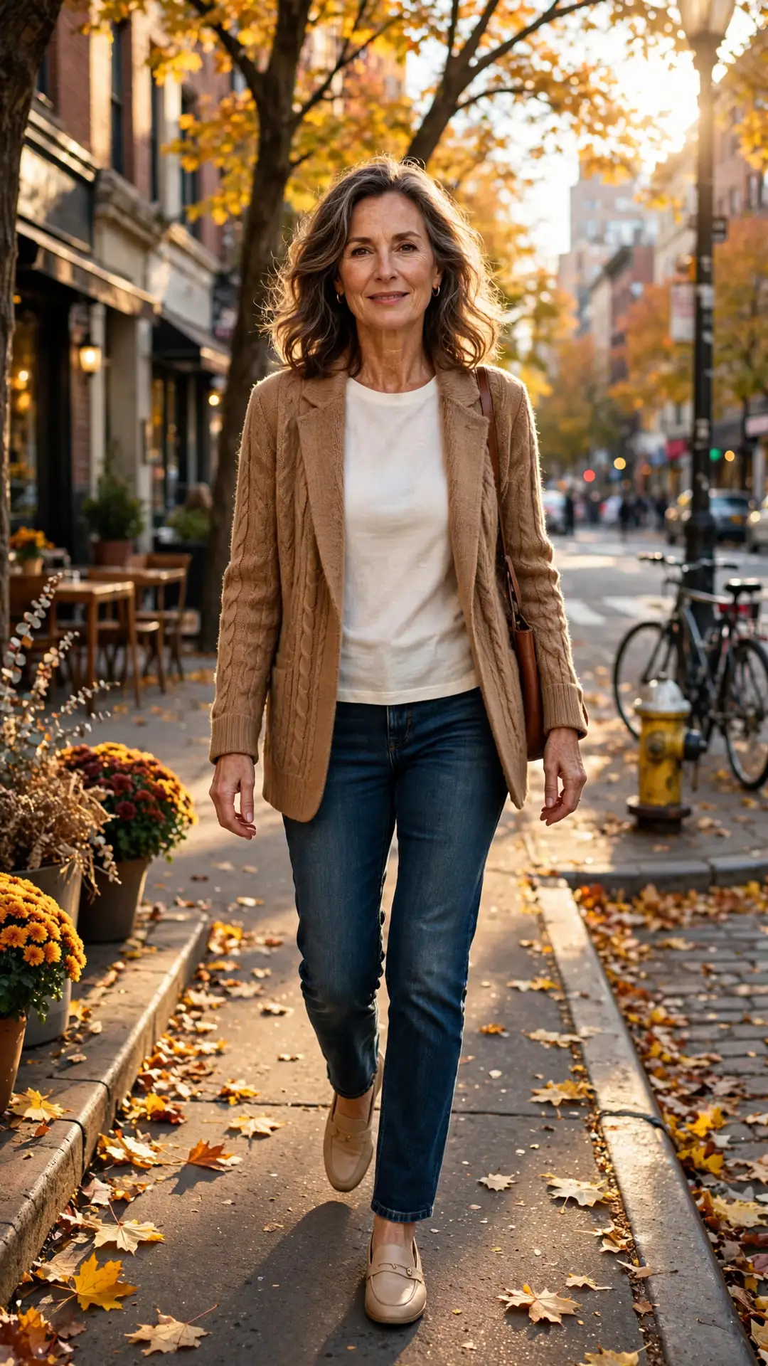 A stylish mature woman walking down a sunlit autumn street in a camel knit blazer, ivory tee, dark jeans and nude loafers