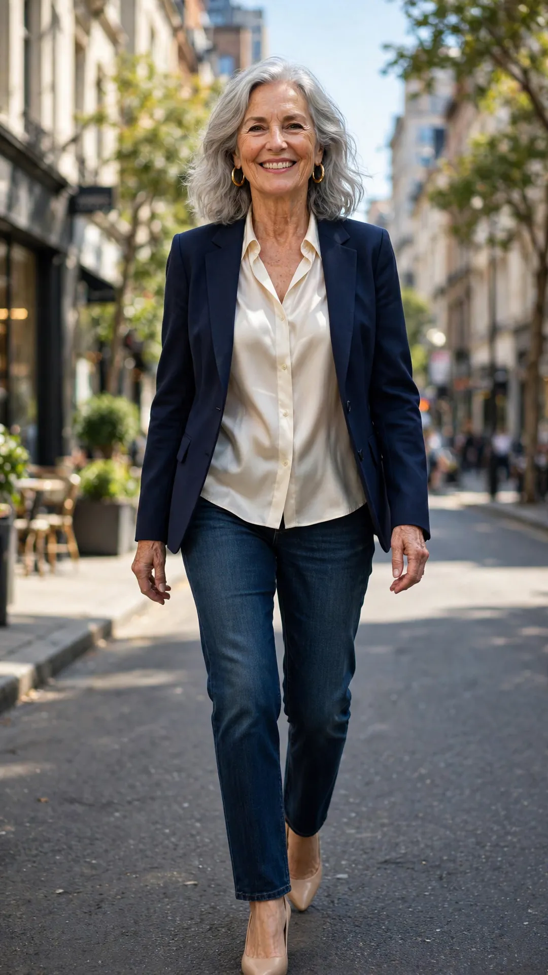 A stylish mature woman walking down a sunlit street in dark jeans, cream silk blouse, navy blazer and nude pumps
