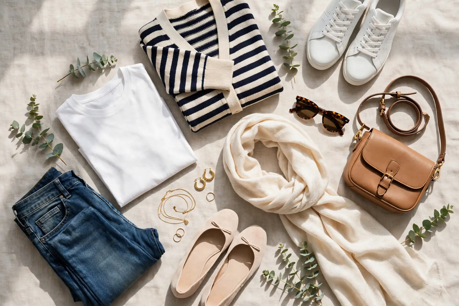 Bright natural daylight flat lay of casual weekend fashion essentials for women over 50