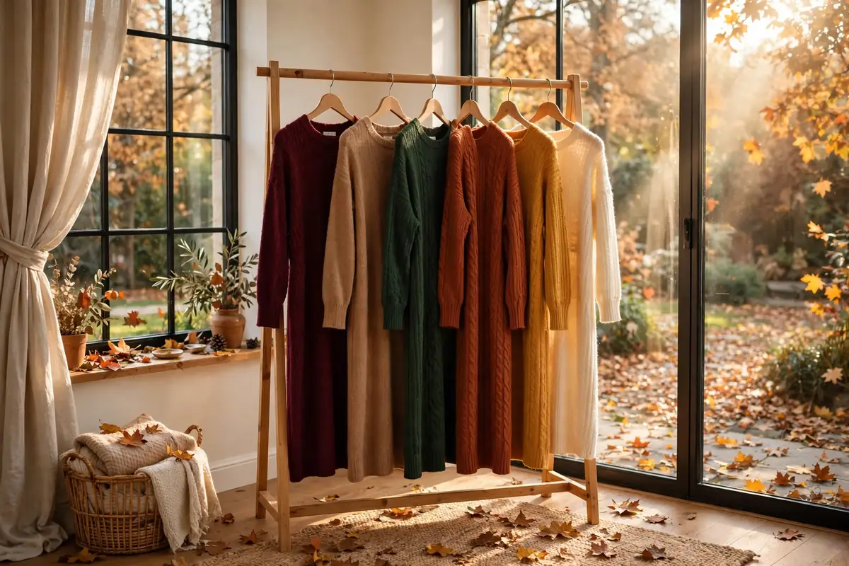 Sunlit clothing rack beside a large window holding a curated collection of cozy fall sweater dresses in rich autumn tones