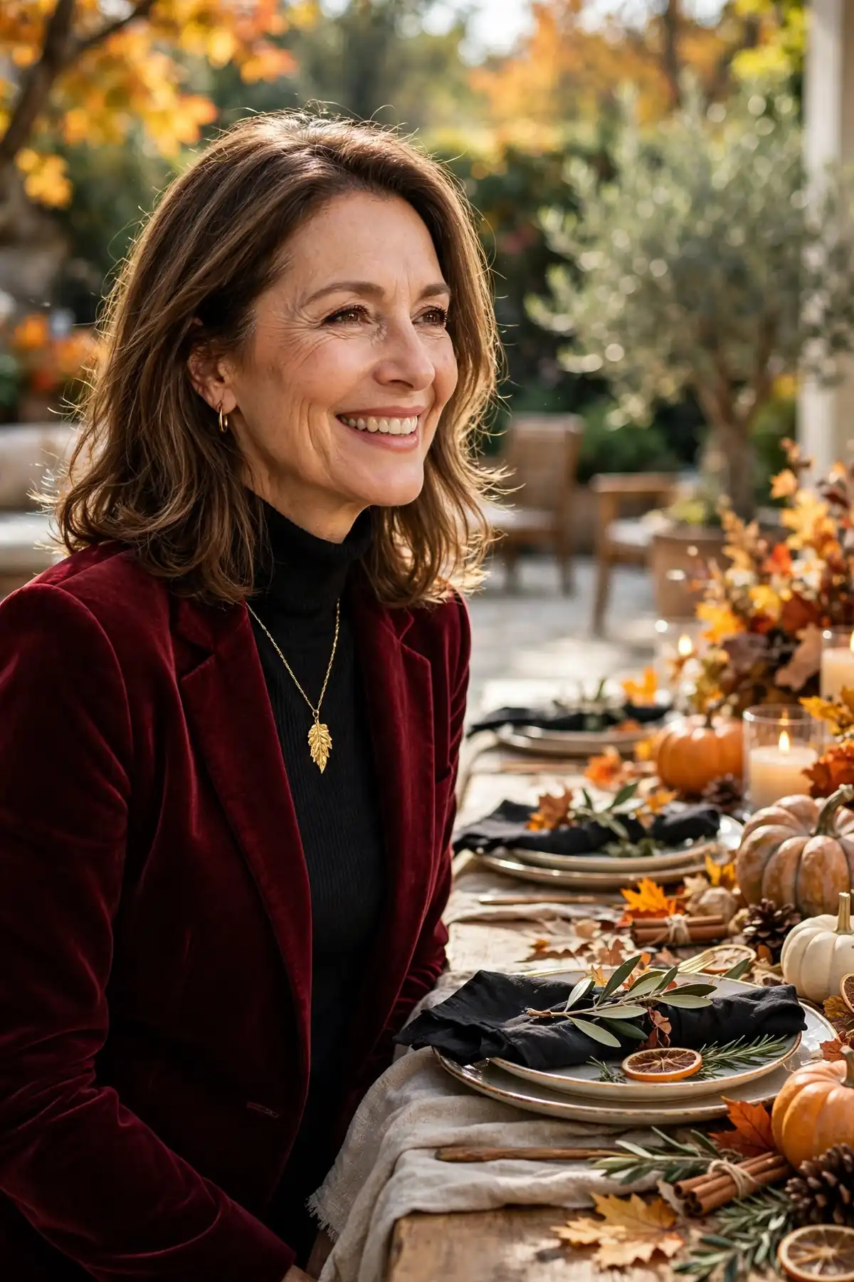 Smiling mature woman in a burgundy velvet blazer beside a beautifully set Thanksgiving table with pumpkins and candles in bright daylight