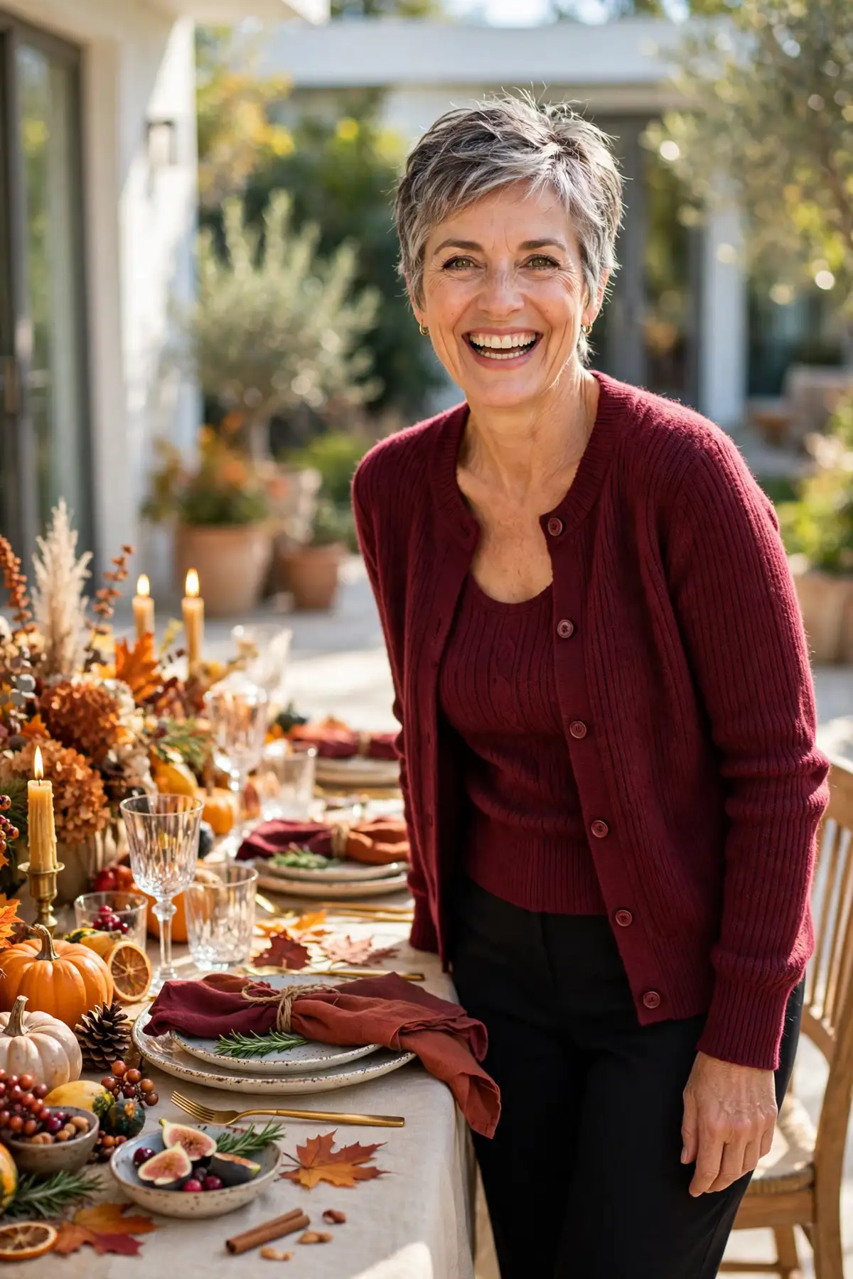 A joyful woman in her mid-50s wearing a burgundy knit twinset and black trousers stands beside a beautifully set Thanksgiving dinner table in bright daylight.