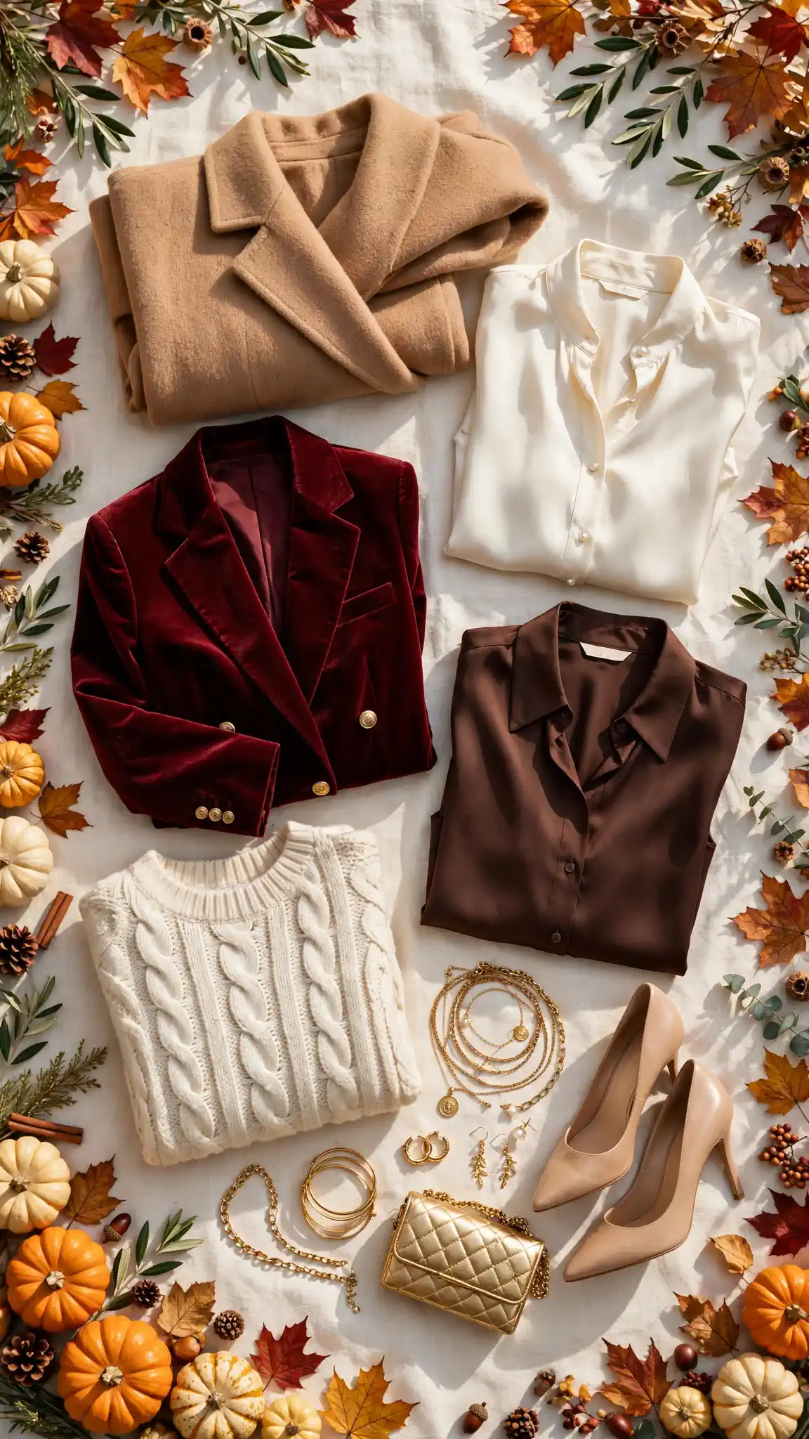 Bright sunlit flat lay of a Thanksgiving capsule wardrobe on ivory linen: burgundy velvet blazer, camel coat, cream cable-knit sweater, ivory and chocolate silk blouses, nude heels, gold jewelry and gold clutch, framed by fall foliage and small pumpkins.