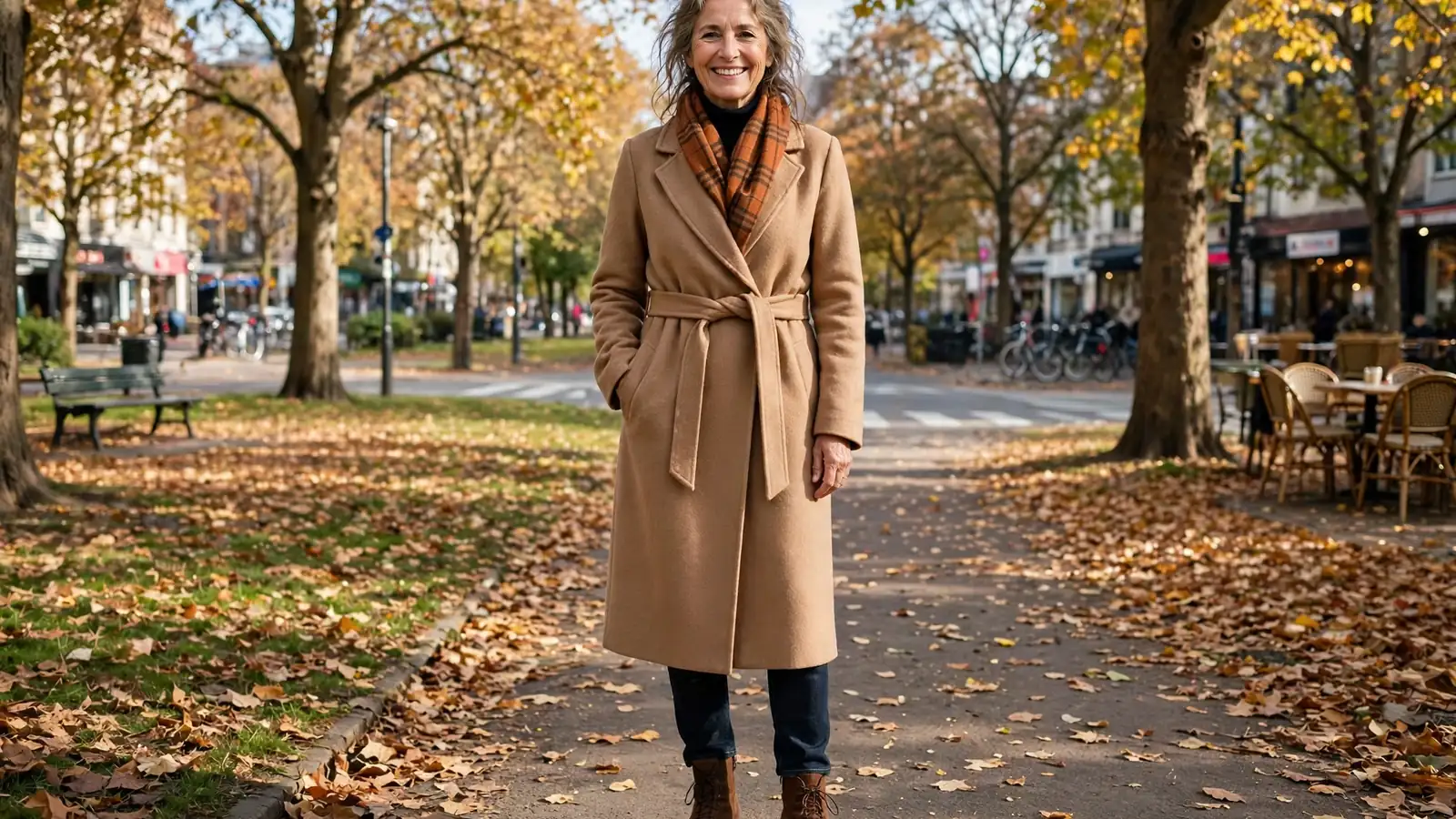 Stylish mature woman in a camel wool wrap coat and burnt-orange plaid scarf standing in a bright sunlit park, fall-to-winter outfit inspiration