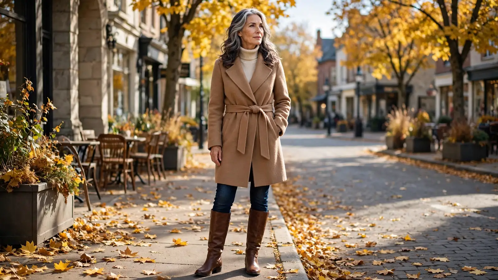 Elegant silver-haired woman over 50 in a camel wool wrap coat, cream turtleneck, dark jeans and brown knee-high boots on a sunlit autumn street