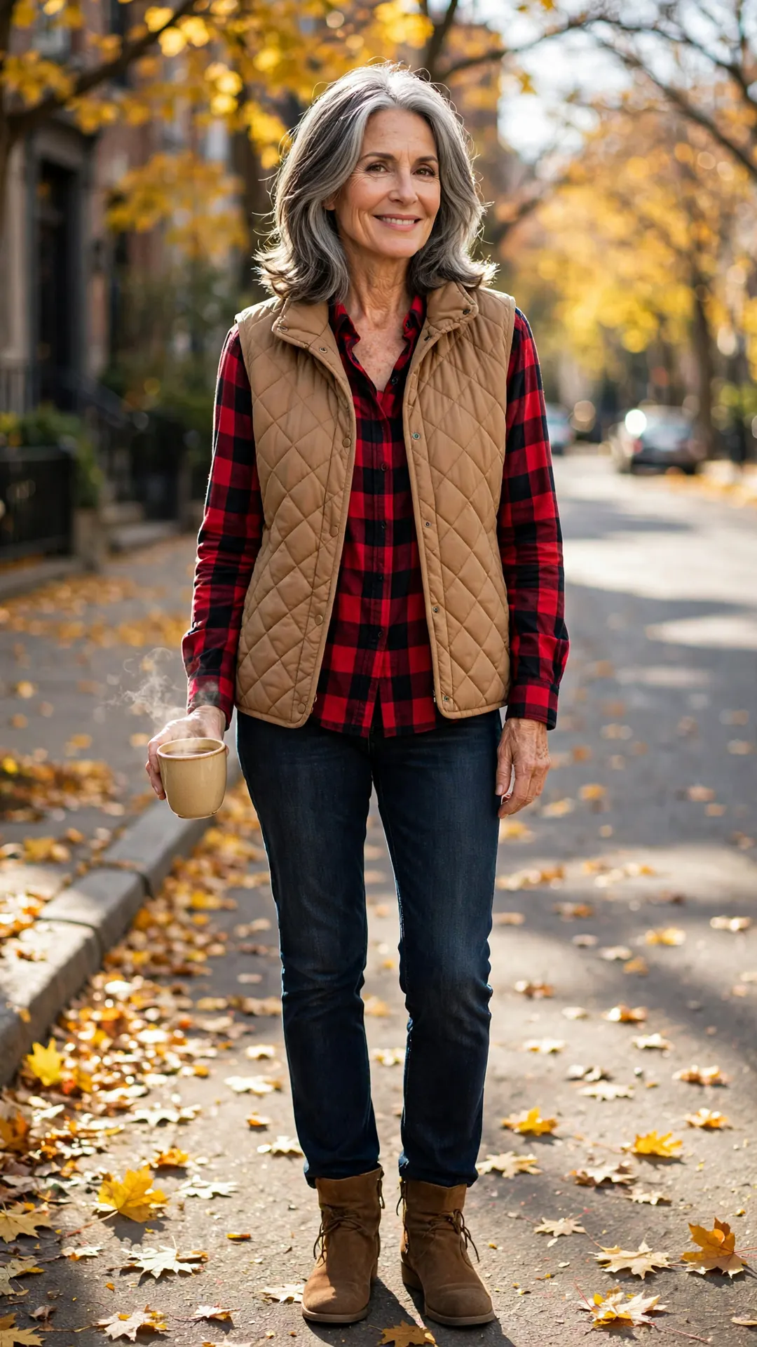 Stylish mature woman in her late 50s wearing a camel quilted vest over a red-and-black buffalo plaid flannel shirt with dark jeans and brown suede ankle boots, holding a warm coffee cup on a bright November street with golden leaves