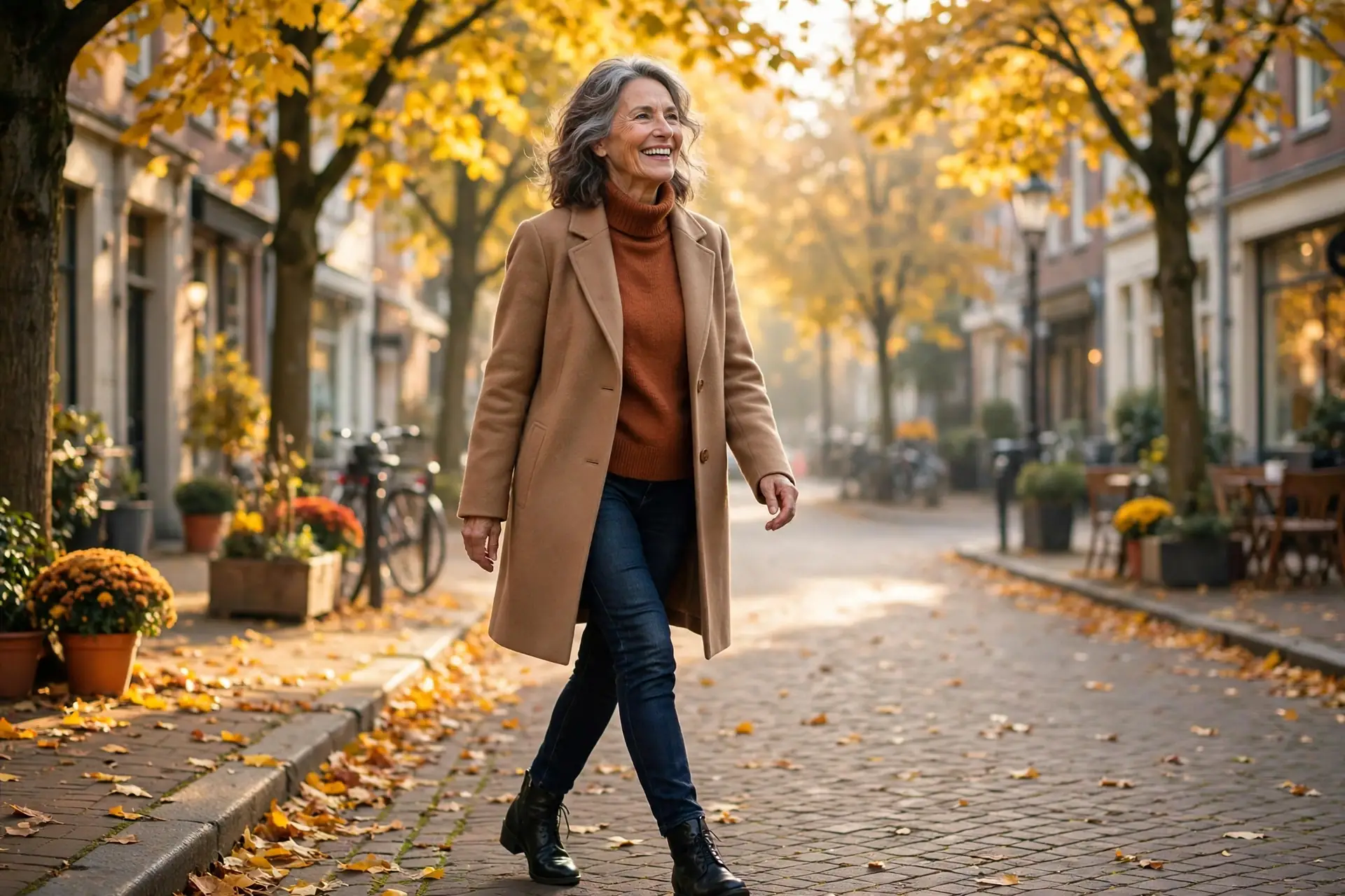 A mature woman in a camel coat and rust turtleneck walking down an autumn street with golden leaves