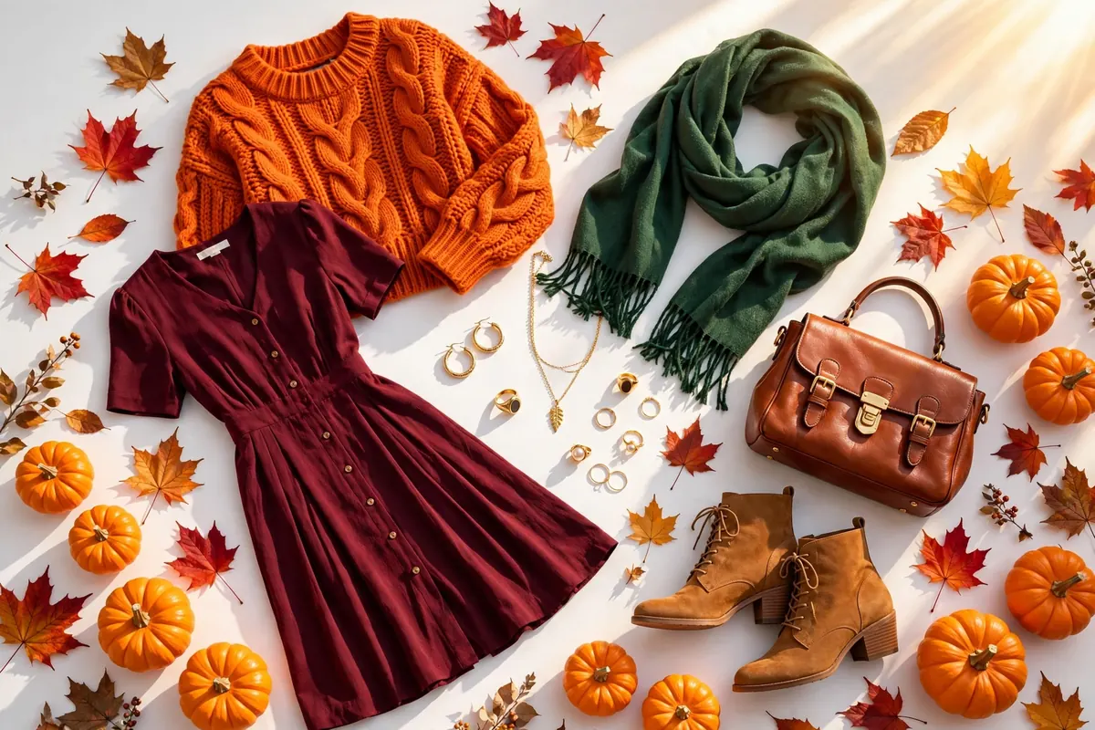 Bright autumn fashion flat lay with chic fall outfits and seasonal decor
