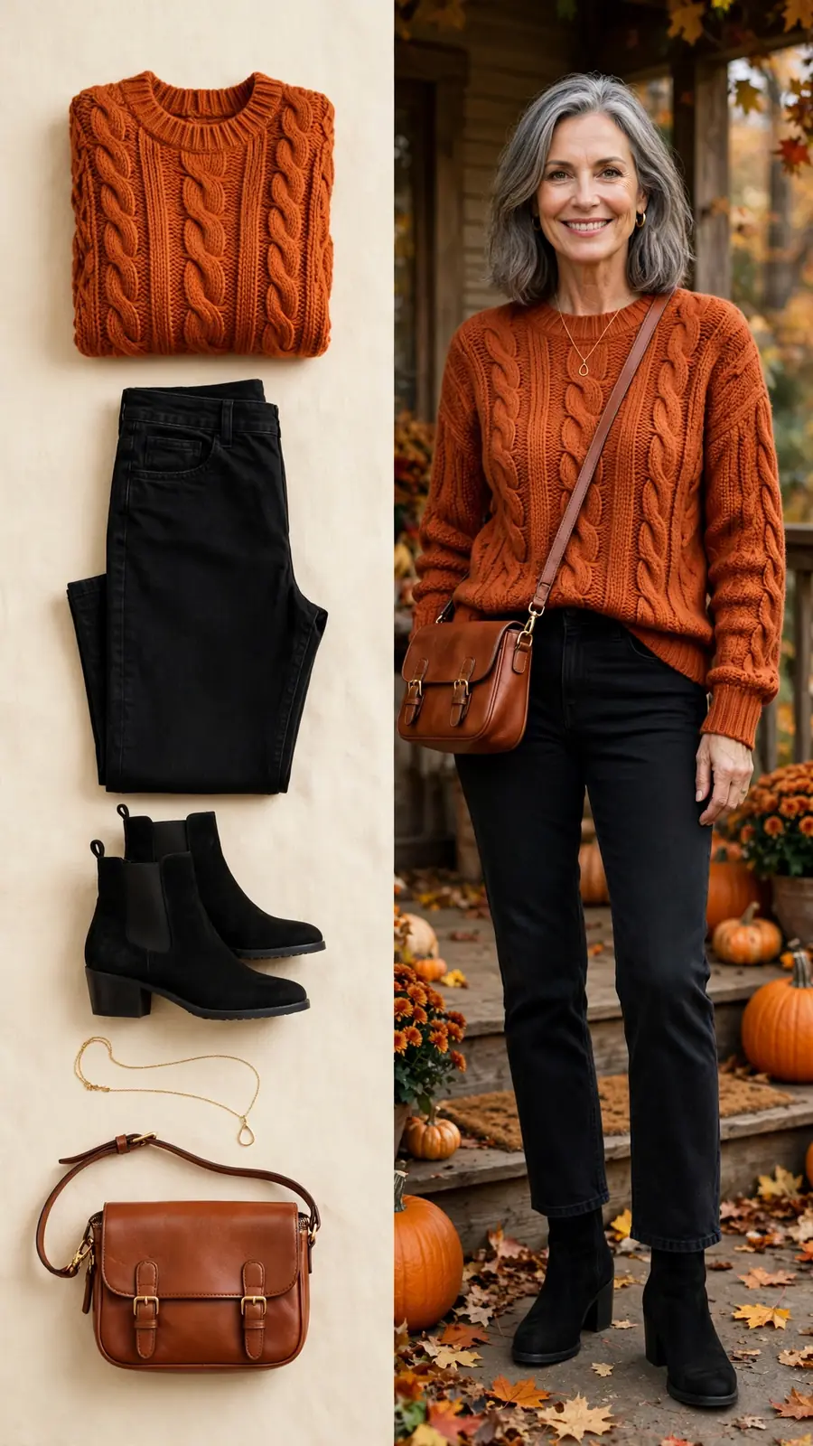 Split outfit idea: burnt-orange cable knit flat lay and a mature woman wearing it with black jeans and ankle boots