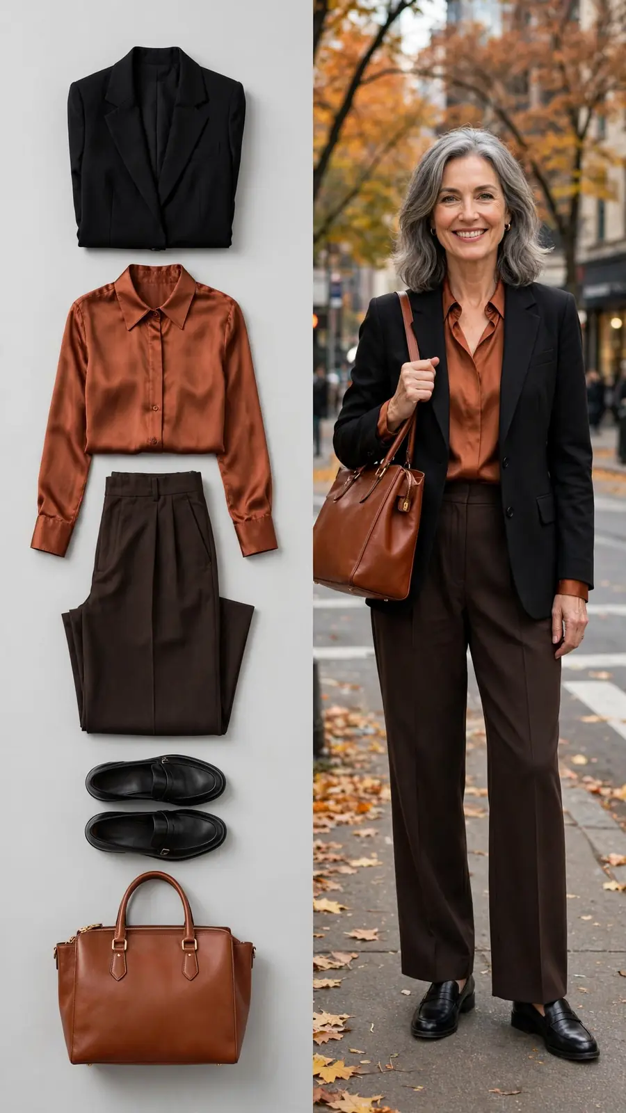 Split outfit idea: black blazer and rust blouse flat lay and a mature woman wearing them with brown wide-leg trousers