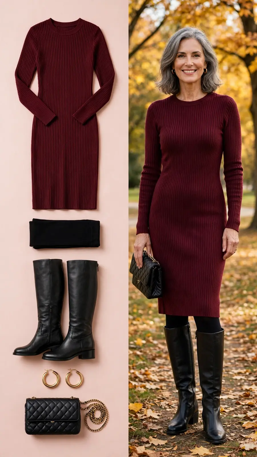 Split outfit idea: burgundy sweater dress flat lay and a mature woman wearing it with black tights and knee-high boots