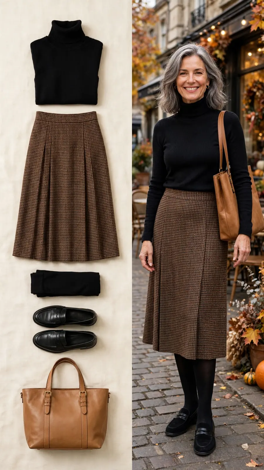 Split outfit idea: black turtleneck and houndstooth skirt flat lay and a mature woman wearing them with loafers