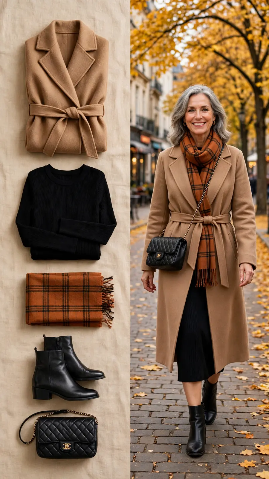 Split outfit idea: camel wrap coat and black dress flat lay and a mature woman wearing them with a plaid scarf